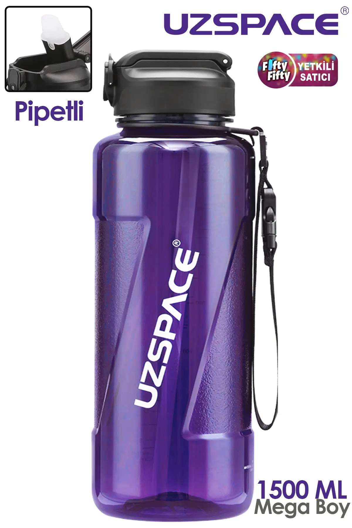 Uzspace FiftyFifty PİPETLİ MEGA BOY 1500ml Tritan Su Matarası 