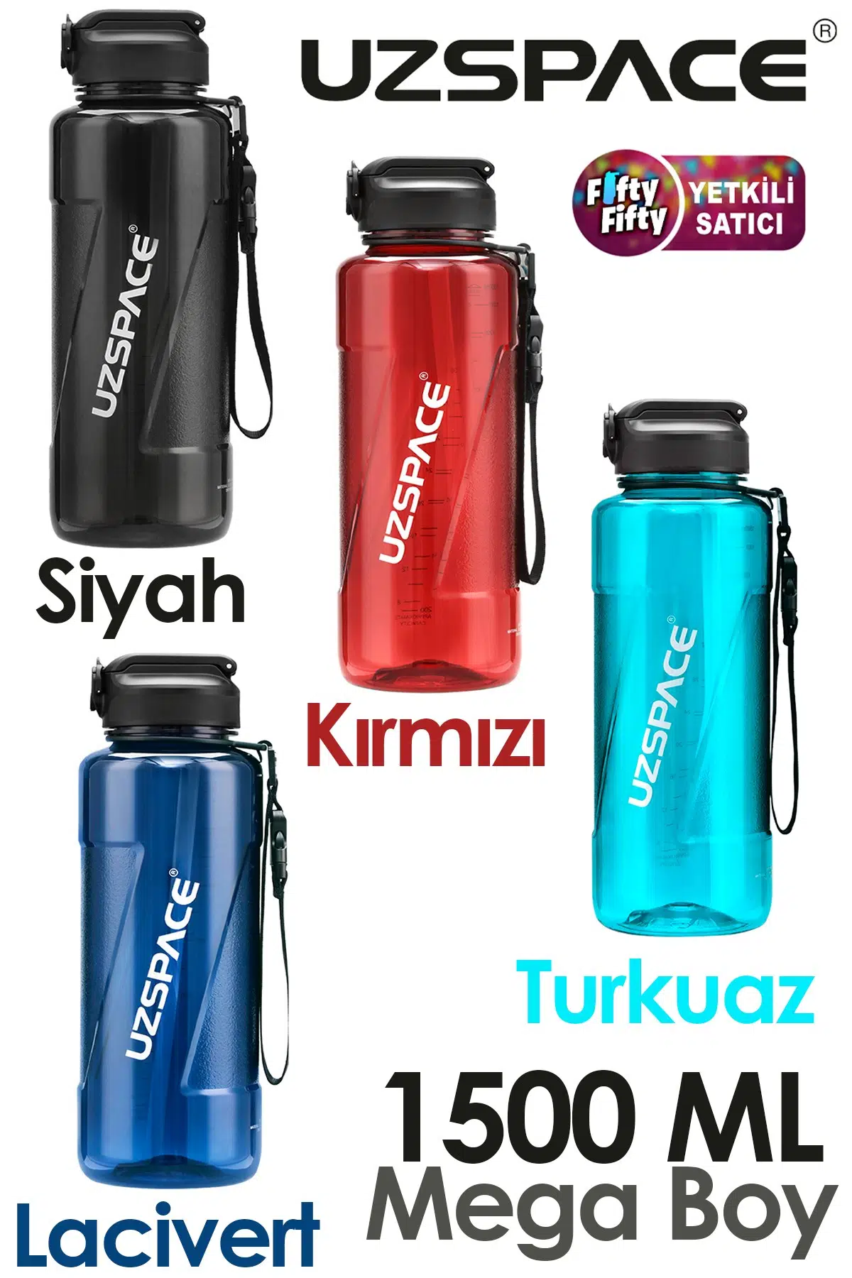 Uzspace FiftyFifty PİPETLİ MEGA BOY 1500ml Tritan Su Matarası 