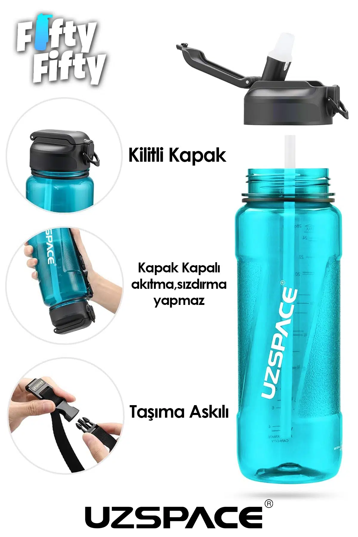 Uzspace FiftyFifty PİPETLİ MEGA BOY 1500ml Tritan Su Matarası 