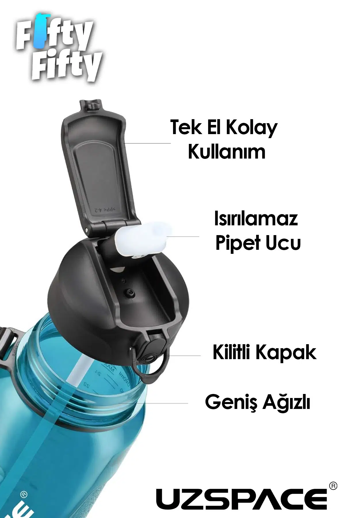 Uzspace FiftyFifty PİPETLİ MEGA BOY 1500ml Tritan Su Matarası 