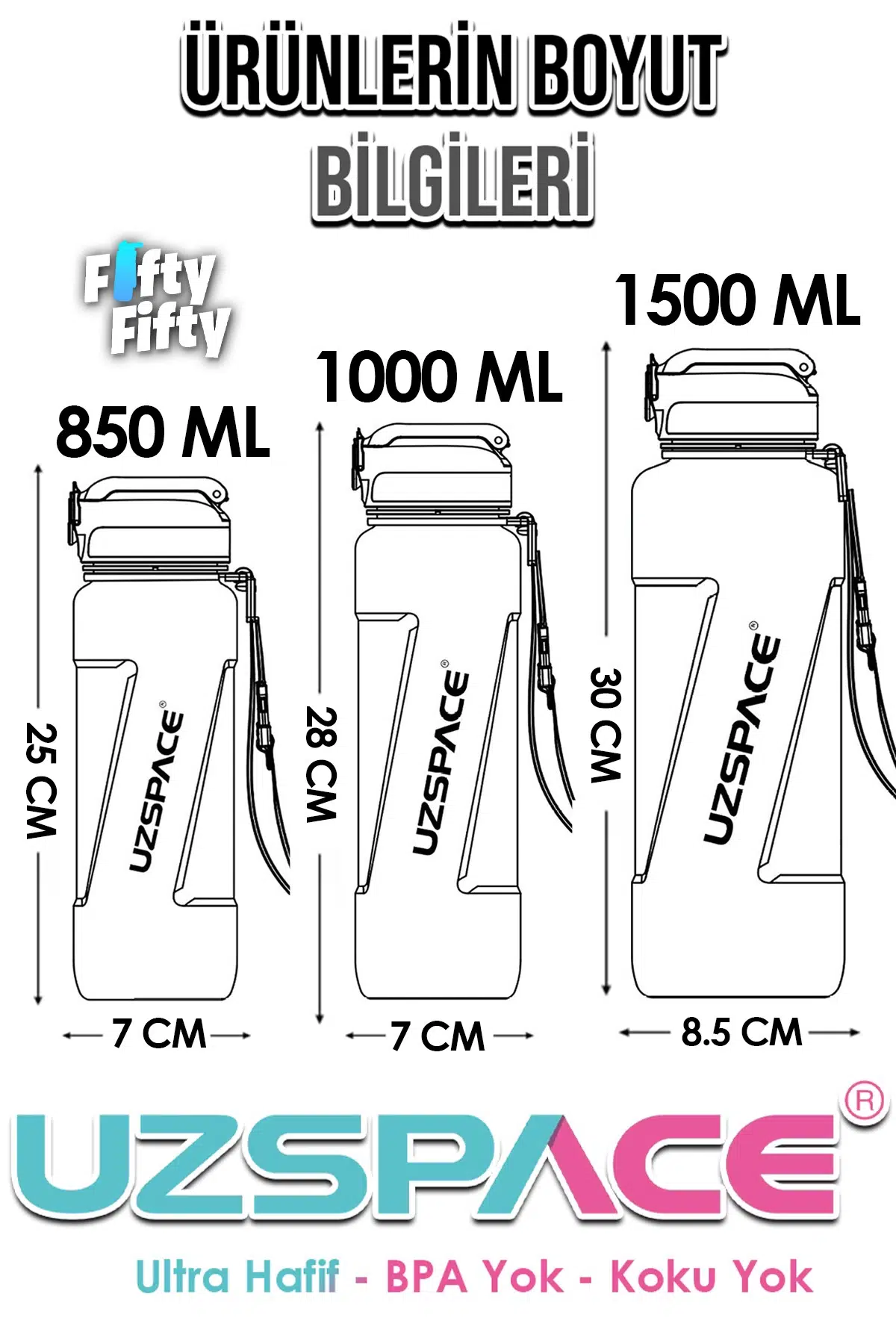 Uzspace FiftyFifty PİPETLİ MEGA BOY 1500ml Tritan Su Matarası 