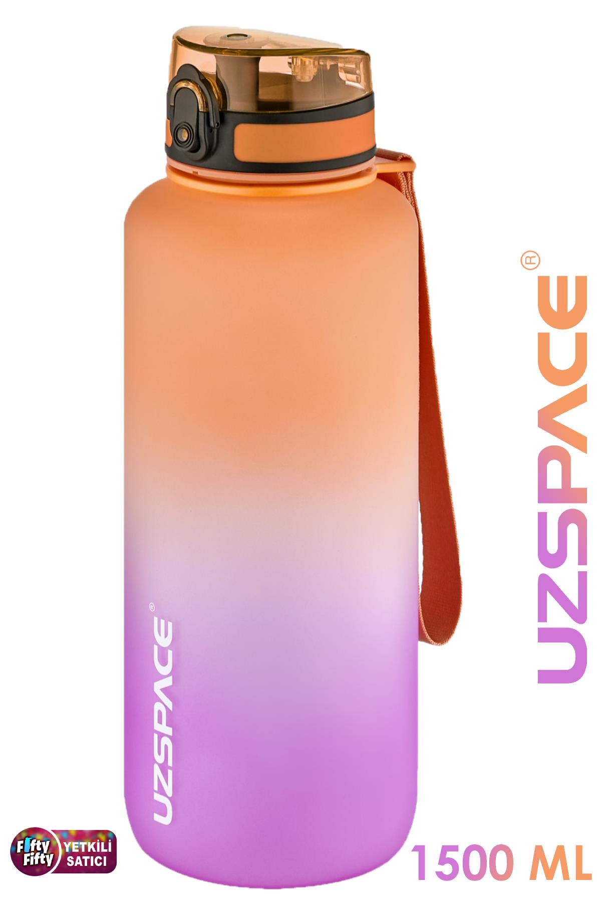 Uzspace Motivasyon Matarası 1500 ml MEGA BÜYÜK BOY Çift Renk 8 Farklı Renk - Turuncu-Mor
