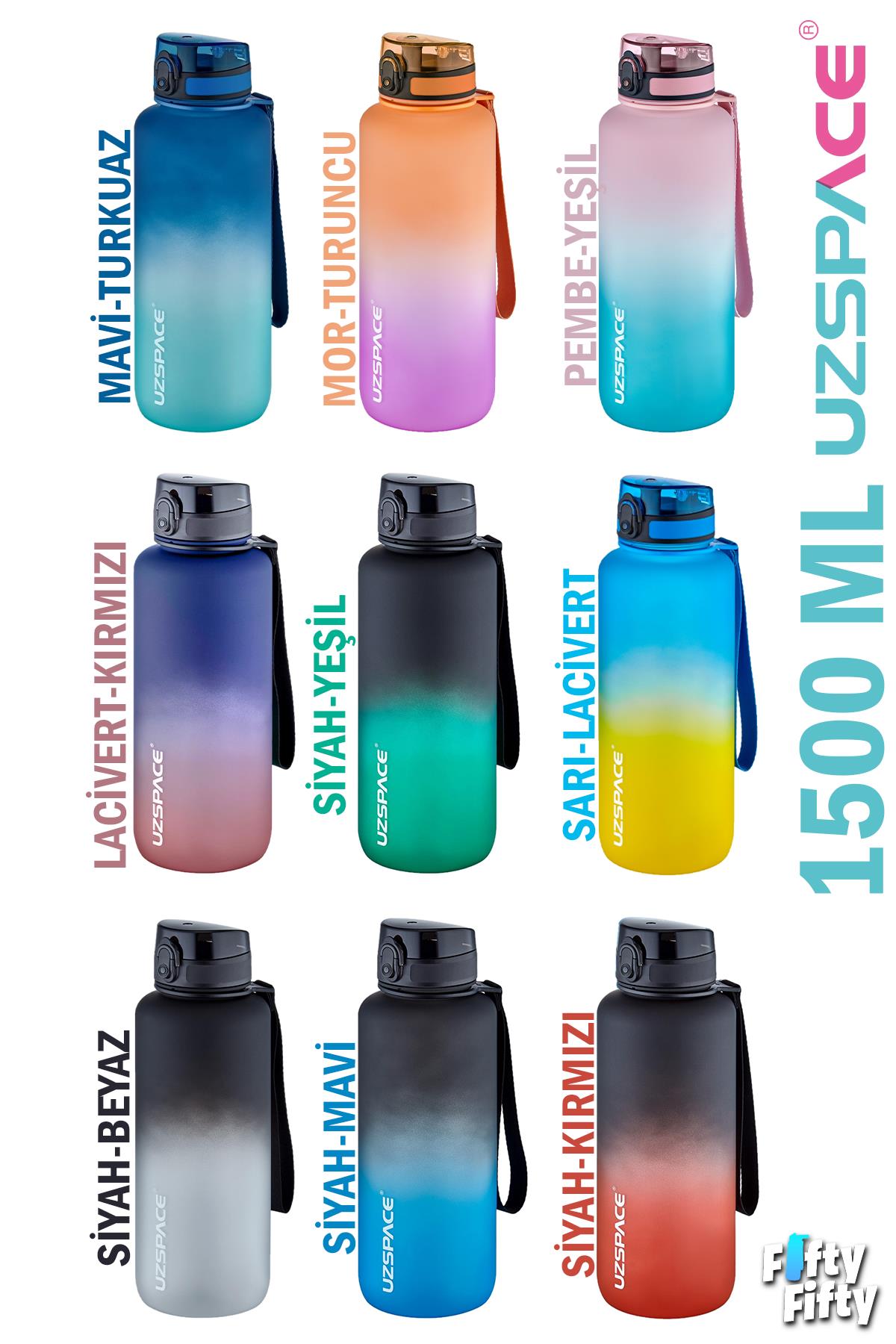 Uzspace Motivasyon Matarası 1500 ml MEGA BÜYÜK BOY Çift Renk 8 Farklı Renk 