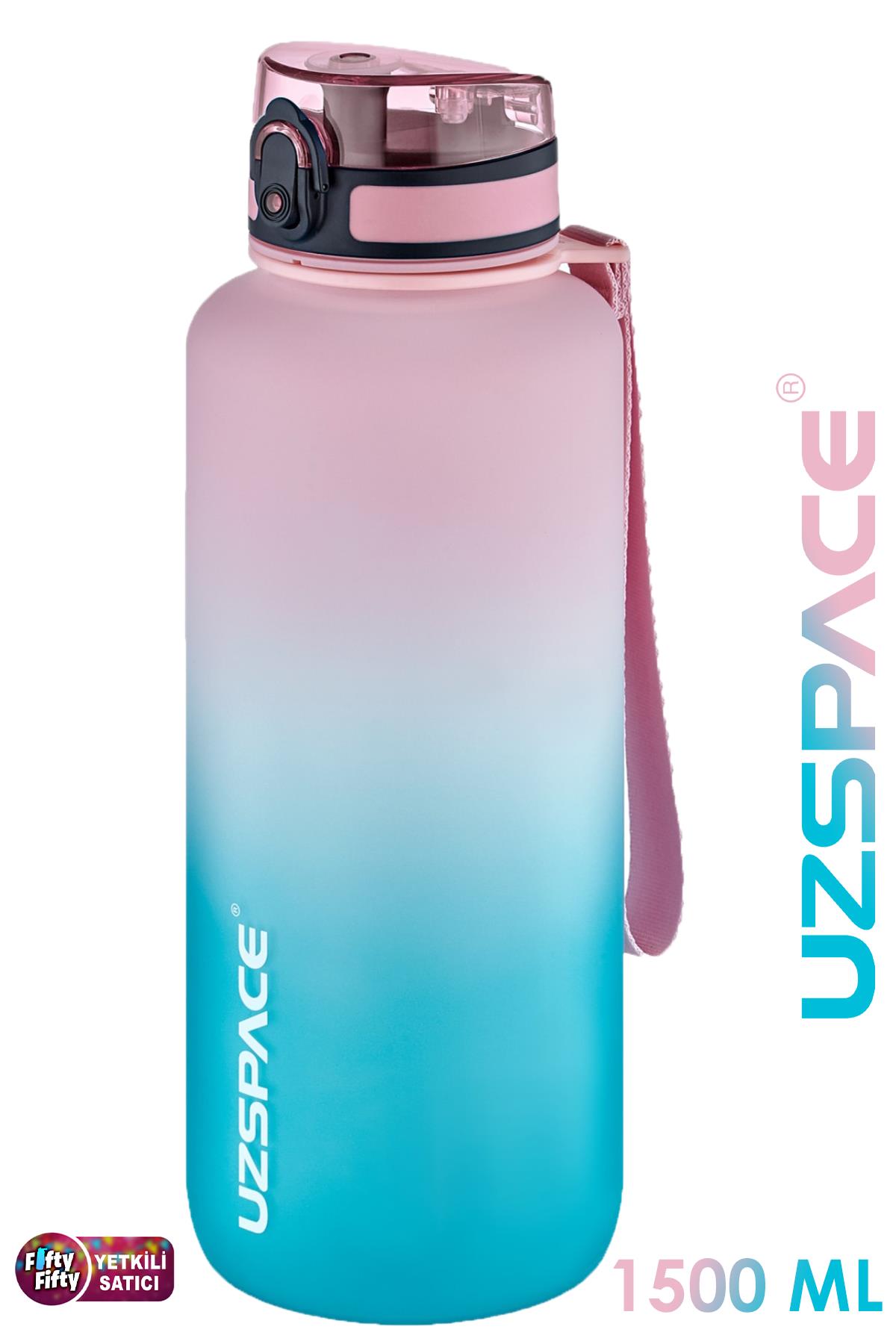 Uzspace Motivasyon Matarası 1500 ml MEGA BÜYÜK BOY Çift Renk 8 Farklı Renk - Pembe-Yeşil
