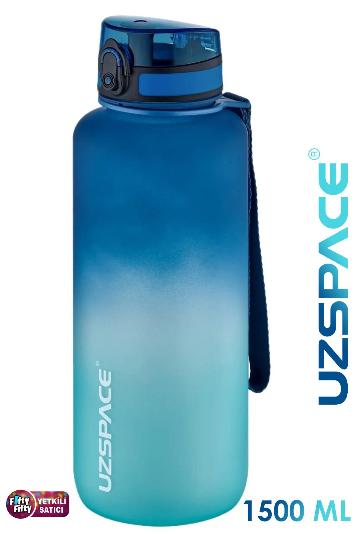 Uzspace Motivasyon Matarası 1500 ml MEGA BÜYÜK BOY Çift Renk 8 Farklı Renk - Mavi-Turkuaz