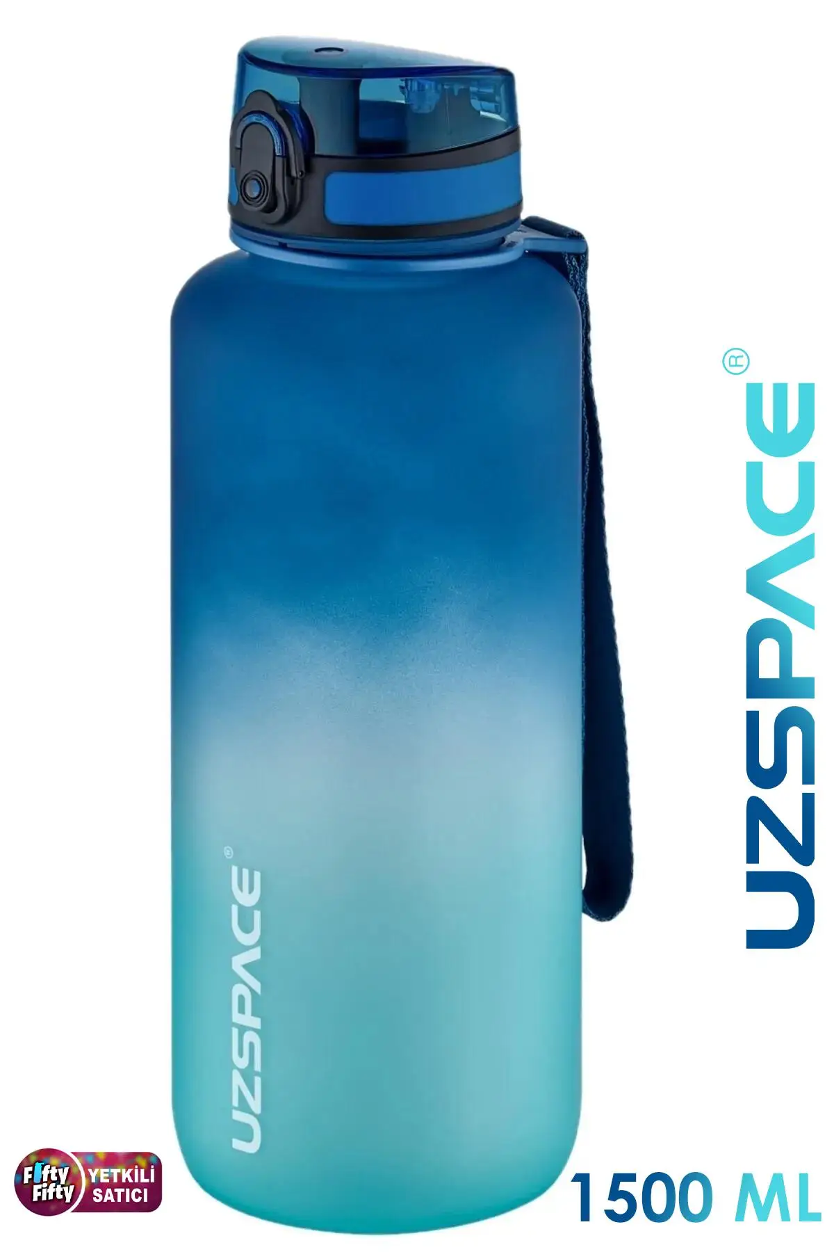 Uzspace Motivasyon Matarası 1500 ml MEGA BÜYÜK BOY Çift Renk 8 Farklı Renk - Mavi-Turkuaz