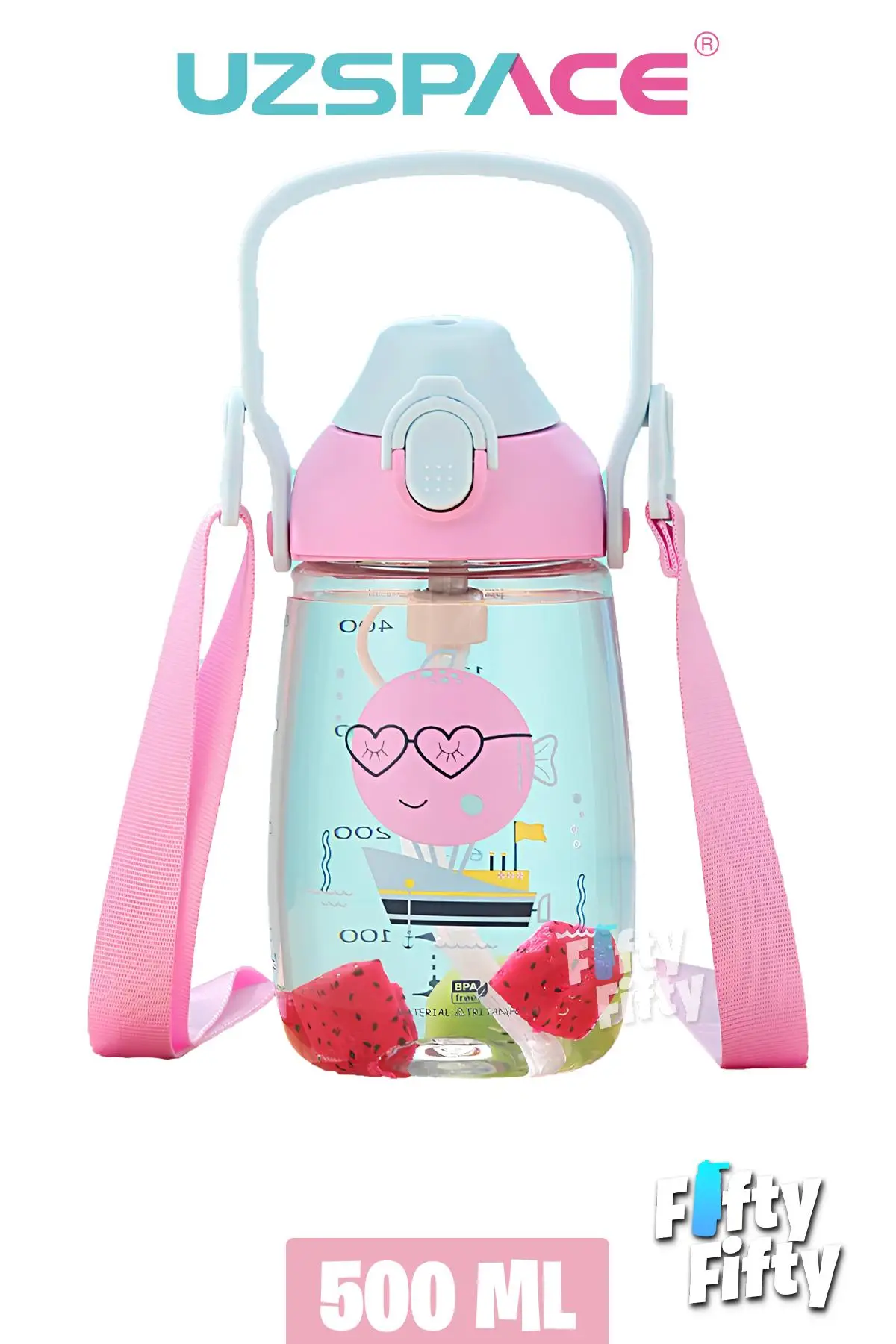 Uzspace Pipetli 500 Ml Boyun Askılı Tritan Çocuk Su Matarası -Kutulu- FFUZ2201500 - Pembe