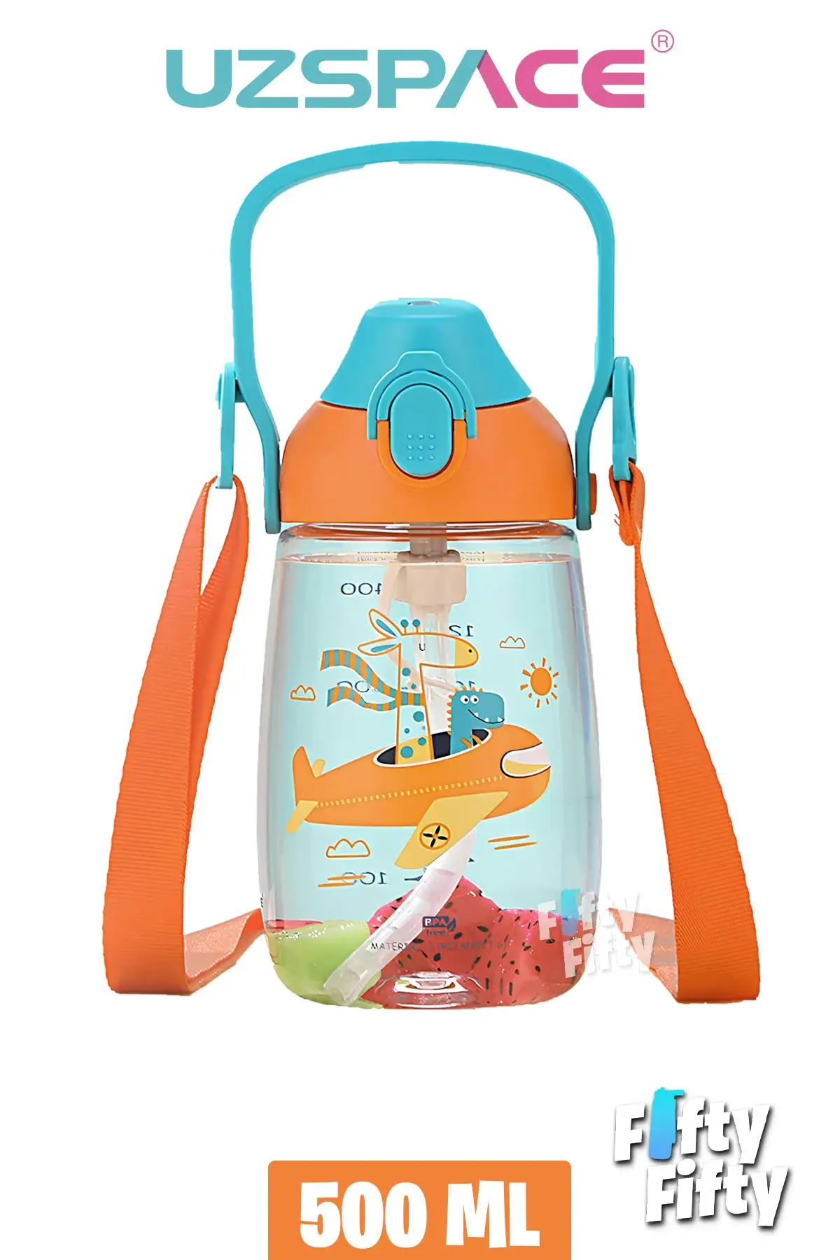 Uzspace Pipetli 500 Ml Boyun Askılı Tritan Çocuk Su Matarası -Kutulu- FFUZ2201500 - Turuncu