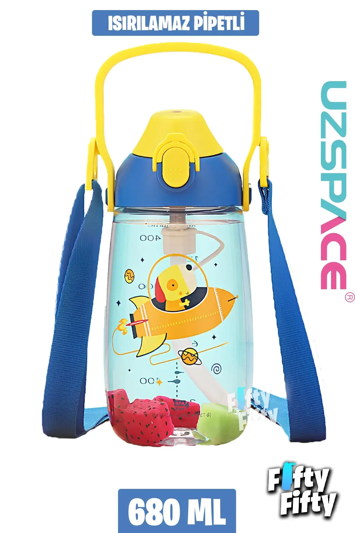 Uzspace Pipetli 680 Ml Boyun Askılı Tritan Çocuk Su Matarası -Kutulu- FFUZ2202680 - Mavi