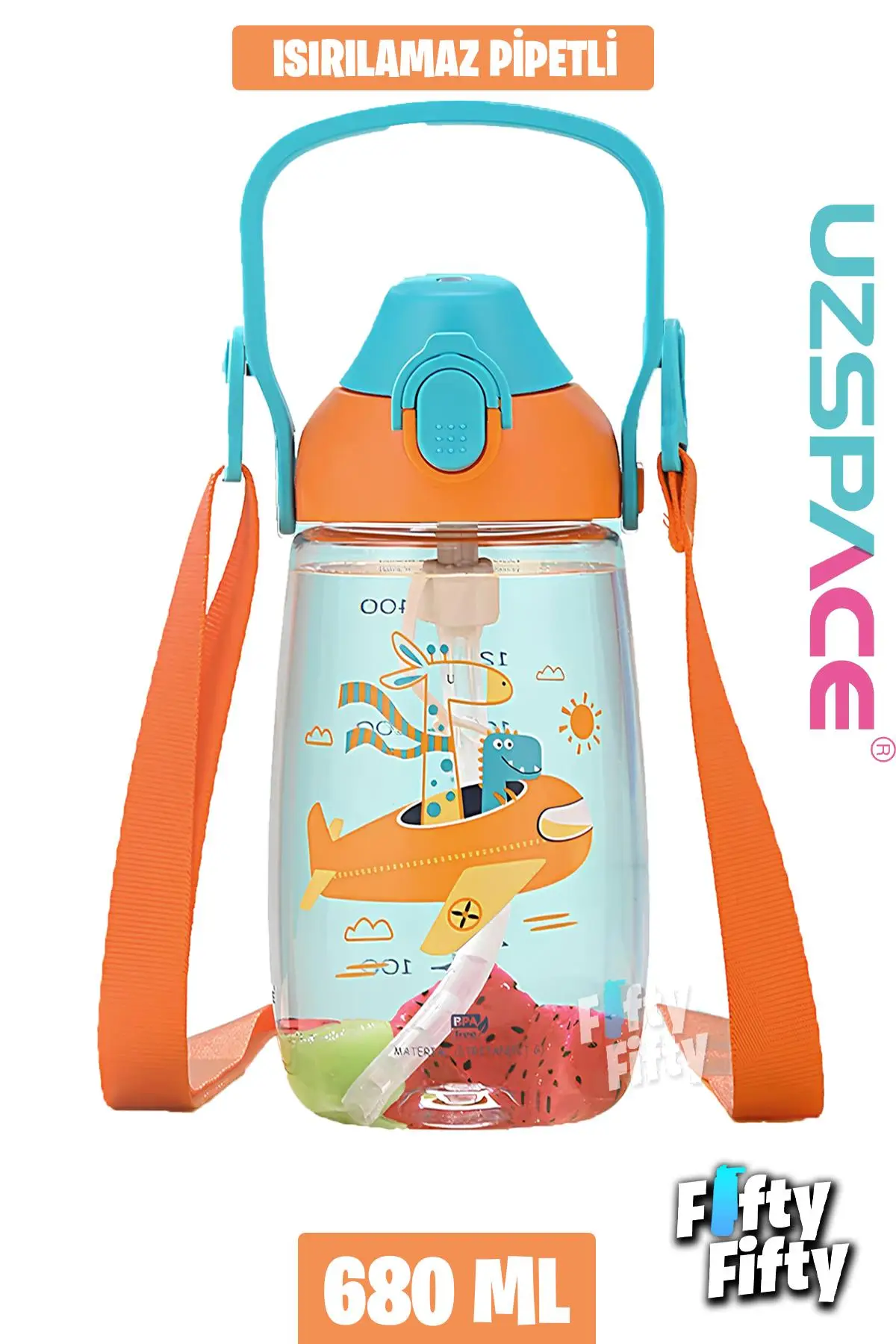 Uzspace Pipetli 680 Ml Boyun Askılı Tritan Çocuk Su Matarası -Kutulu- FFUZ2202680 - Turuncu