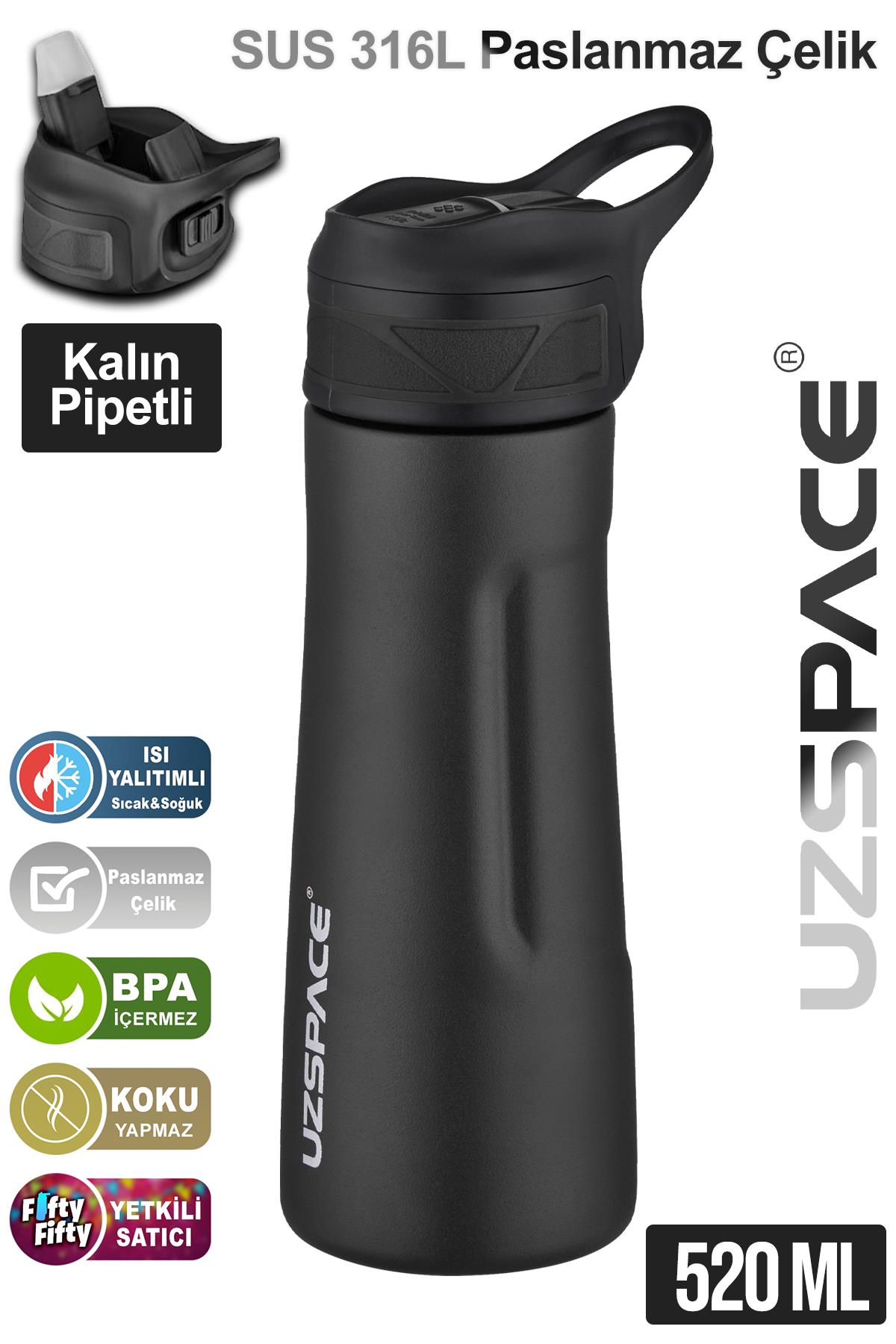 Uzspace Pipetli Çelik Termos 520 ml 4 farklı renk 12 saate kadar yalıtım - Siyah