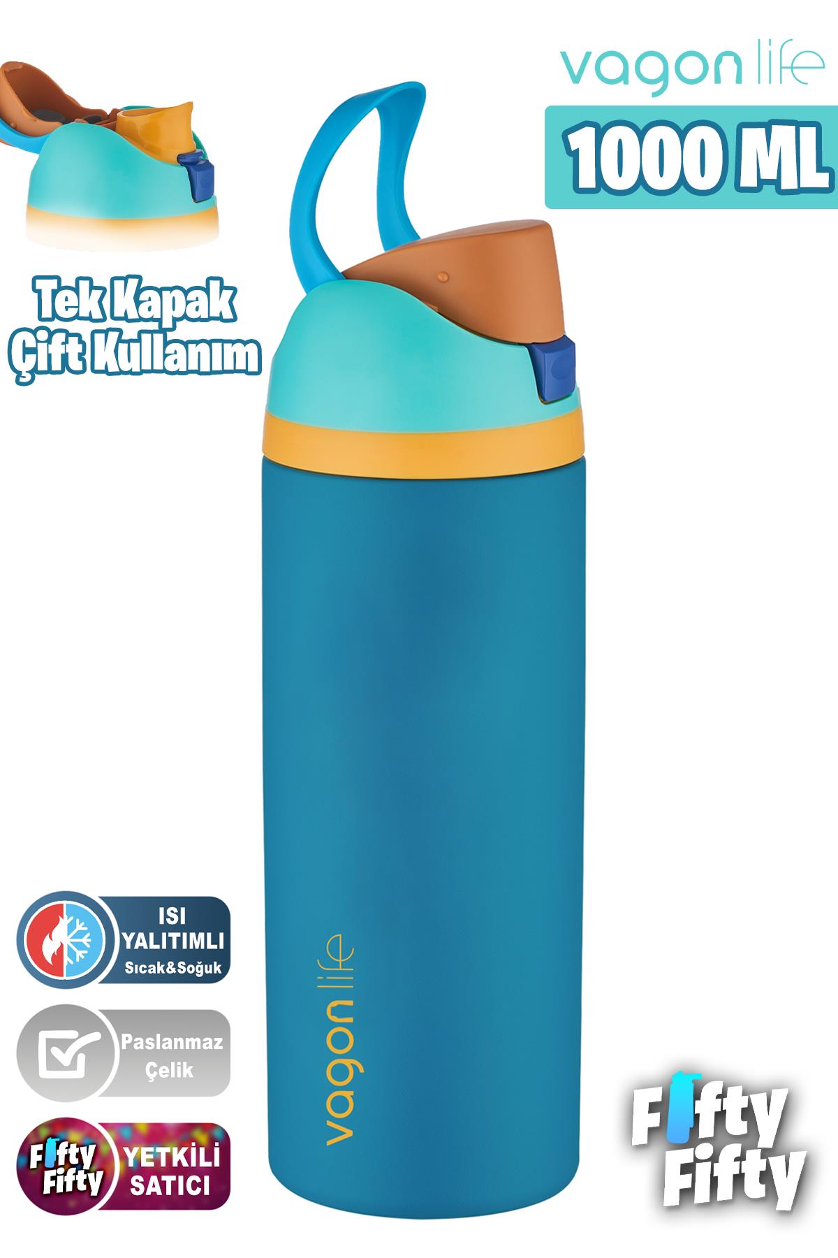 Vagonlife 1000 ML Tek Kapak Çift Kullanım Pipetli/Pipetsiz Taşıma Kulplu Çelik Termos -FFVGN045ML10003RENK - Yeşil