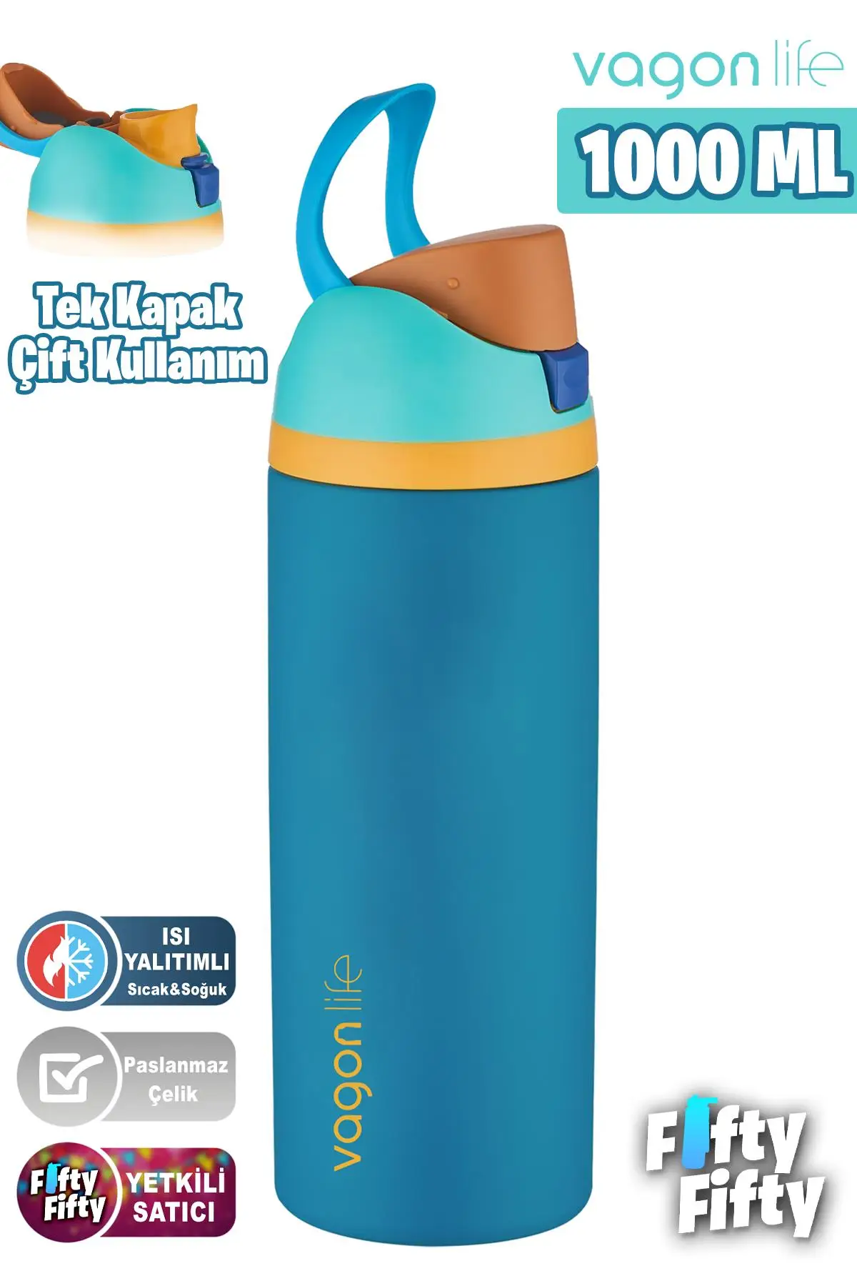 Vagonlife 1000 ML Tek Kapak Çift Kullanım Pipetli/Pipetsiz Taşıma Kulplu Çelik Termos -FFVGN045ML10003RENK