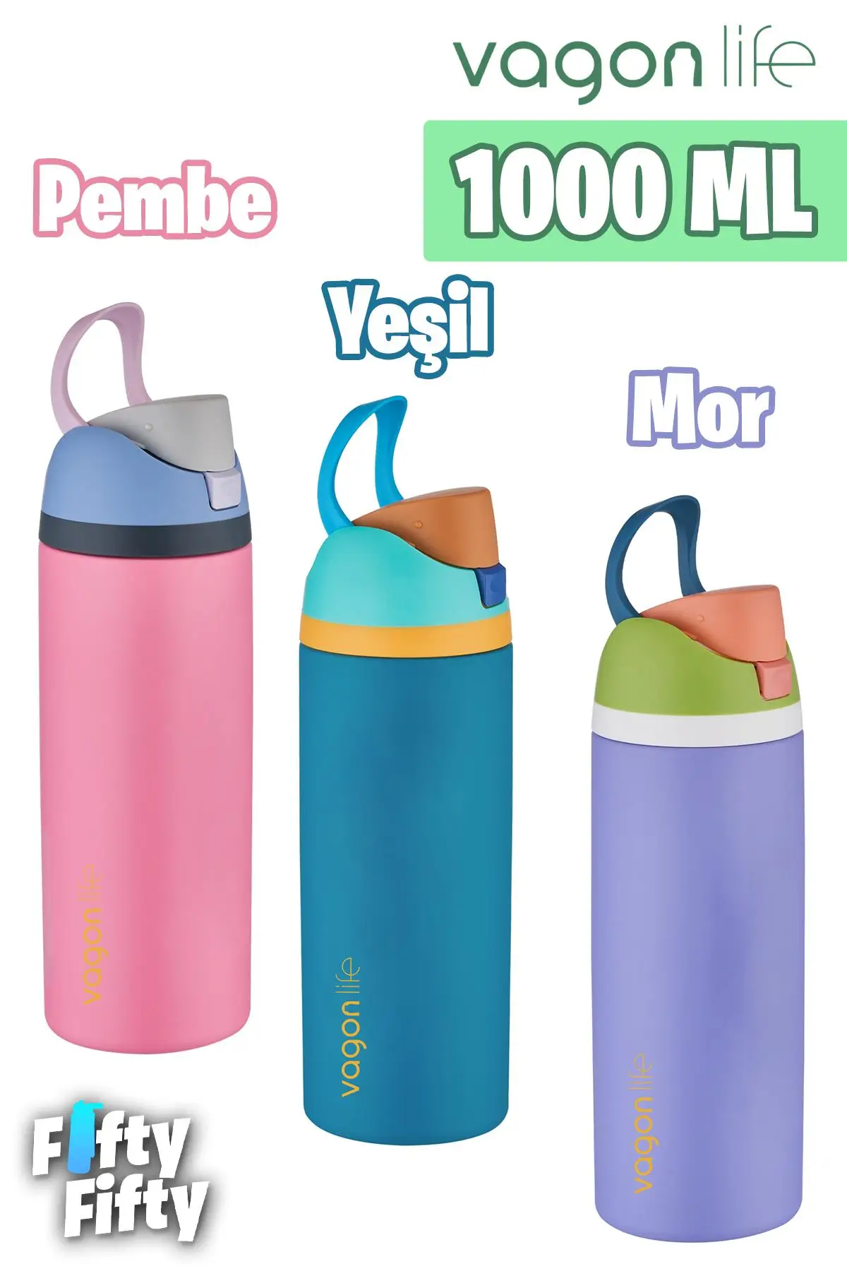 Vagonlife 1000 ML Tek Kapak Çift Kullanım Pipetli/Pipetsiz Taşıma Kulplu Çelik Termos -FFVGN045ML10003RENK