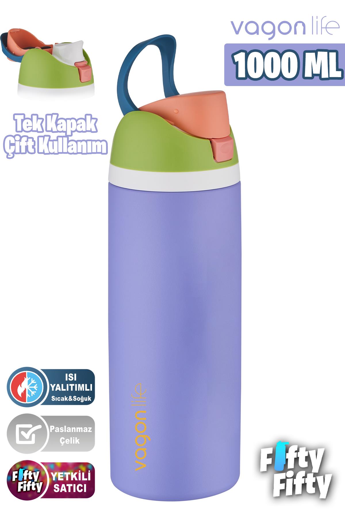 Vagonlife 1000 ML Tek Kapak Çift Kullanım Pipetli/Pipetsiz Taşıma Kulplu Çelik Termos -FFVGN045ML10003RENK - Mor