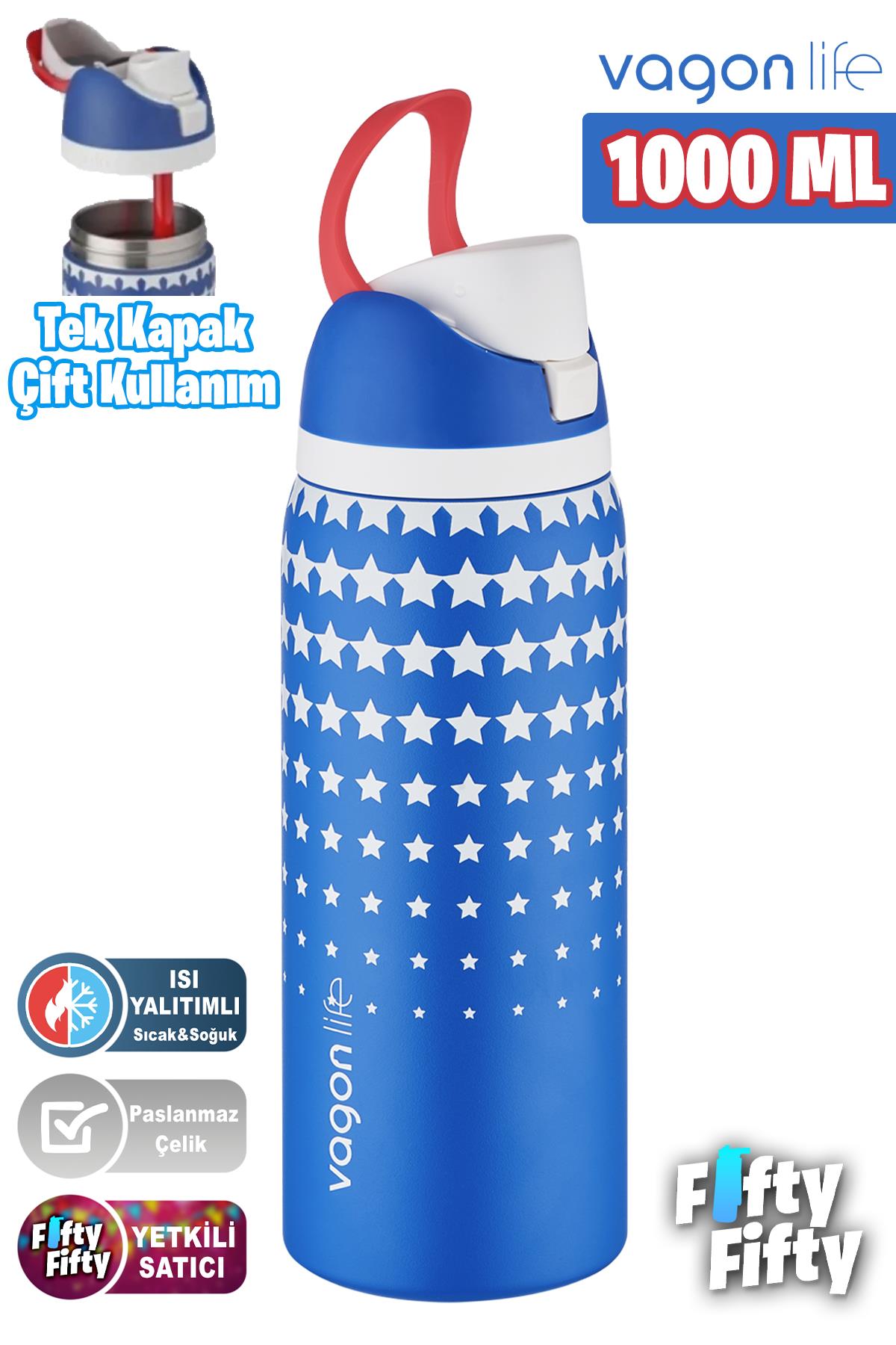 Vagonlife 1000 ML Tek Kapak Çift Kullanım Pipetli/Pipetsiz Taşıma Kulplu Çelik Termos -FFVGN045ML1000Desenli - Lacivert