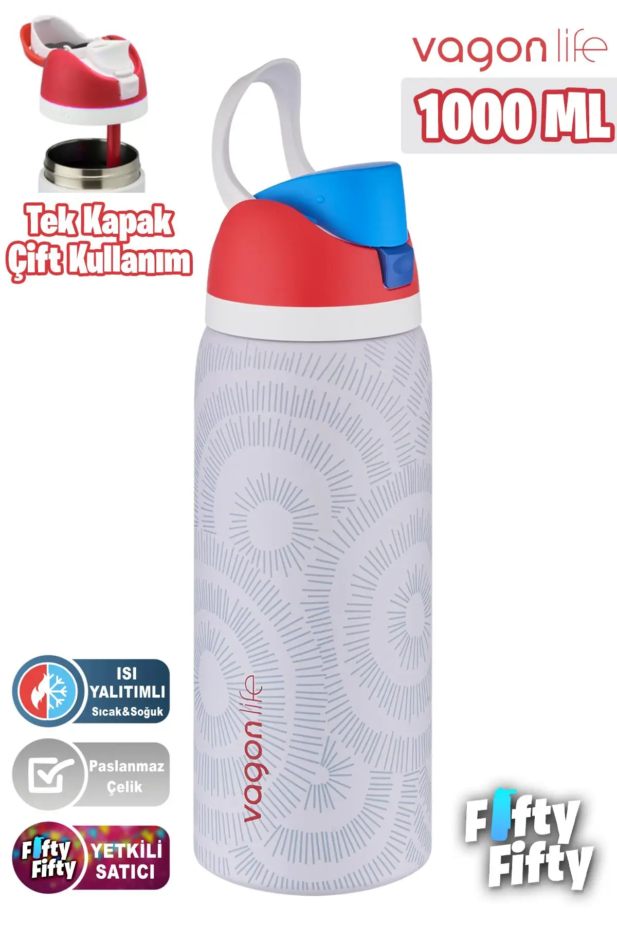 Vagonlife 1000 ML Tek Kapak Çift Kullanım Pipetli/Pipetsiz Taşıma Kulplu Çelik Termos -FFVGN045ML1000Desenli