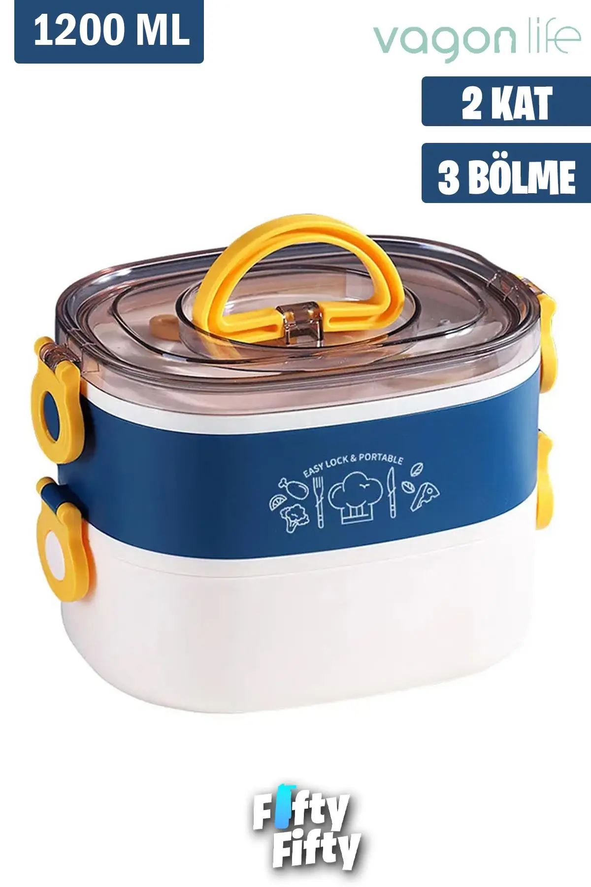 Vagonlife 1200 ML İki Kat Üç Bölme Paslanmaz Çelik Bento Lunch Box Yeni Nesil Sefer Tası-ÇatallıKaşık-FFLBOX50251 - Lacivert