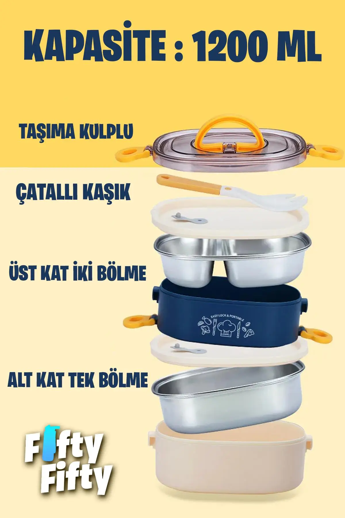 Vagonlife 1200 ML İki Kat Üç Bölme Paslanmaz Çelik Bento Lunch Box Yeni Nesil Sefer Tası-ÇatallıKaşık-FFLBOX50251