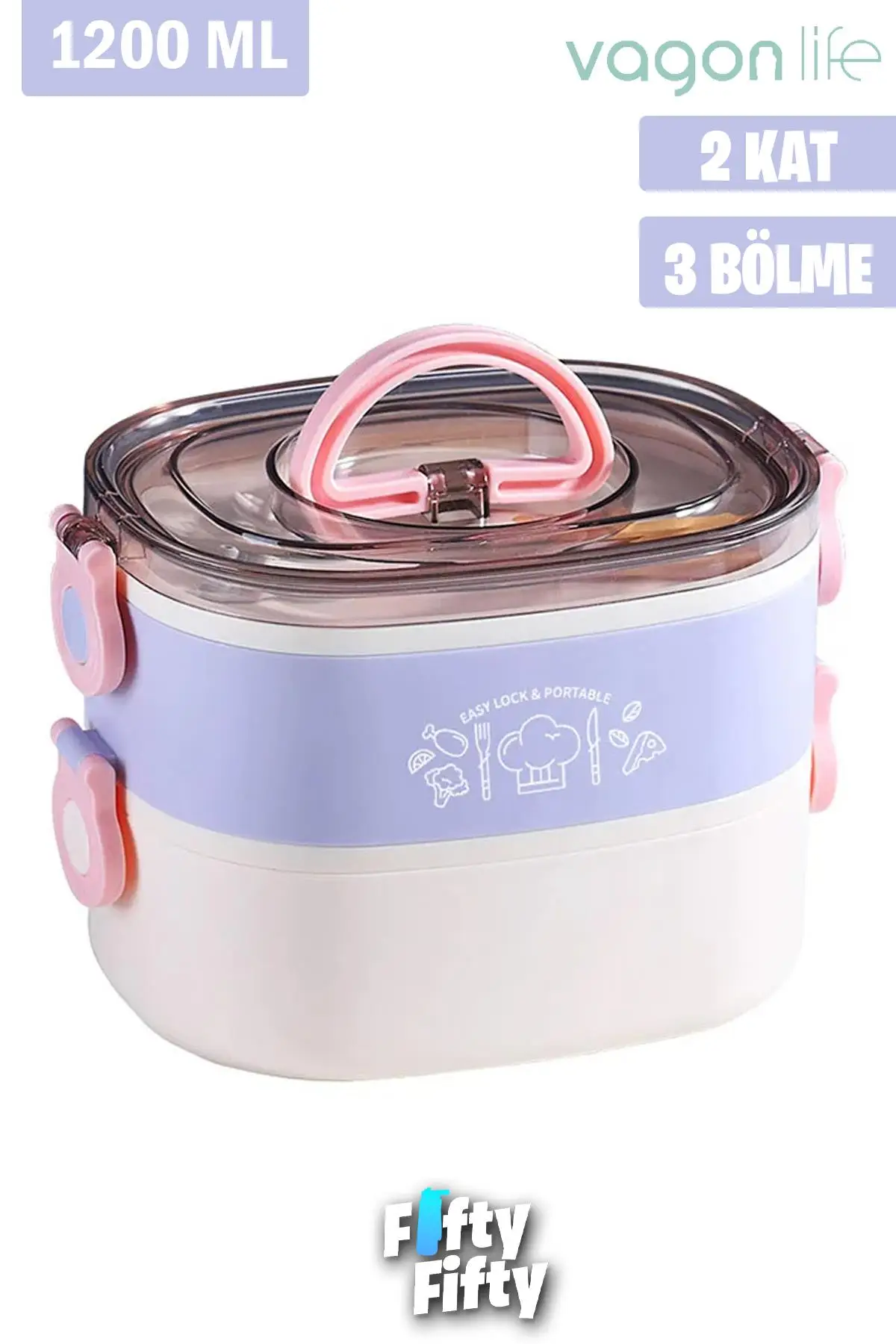 Vagonlife 1200 ML İki Kat Üç Bölme Paslanmaz Çelik Bento Lunch Box Yeni Nesil Sefer Tası-ÇatallıKaşık-FFLBOX50251 - Mor