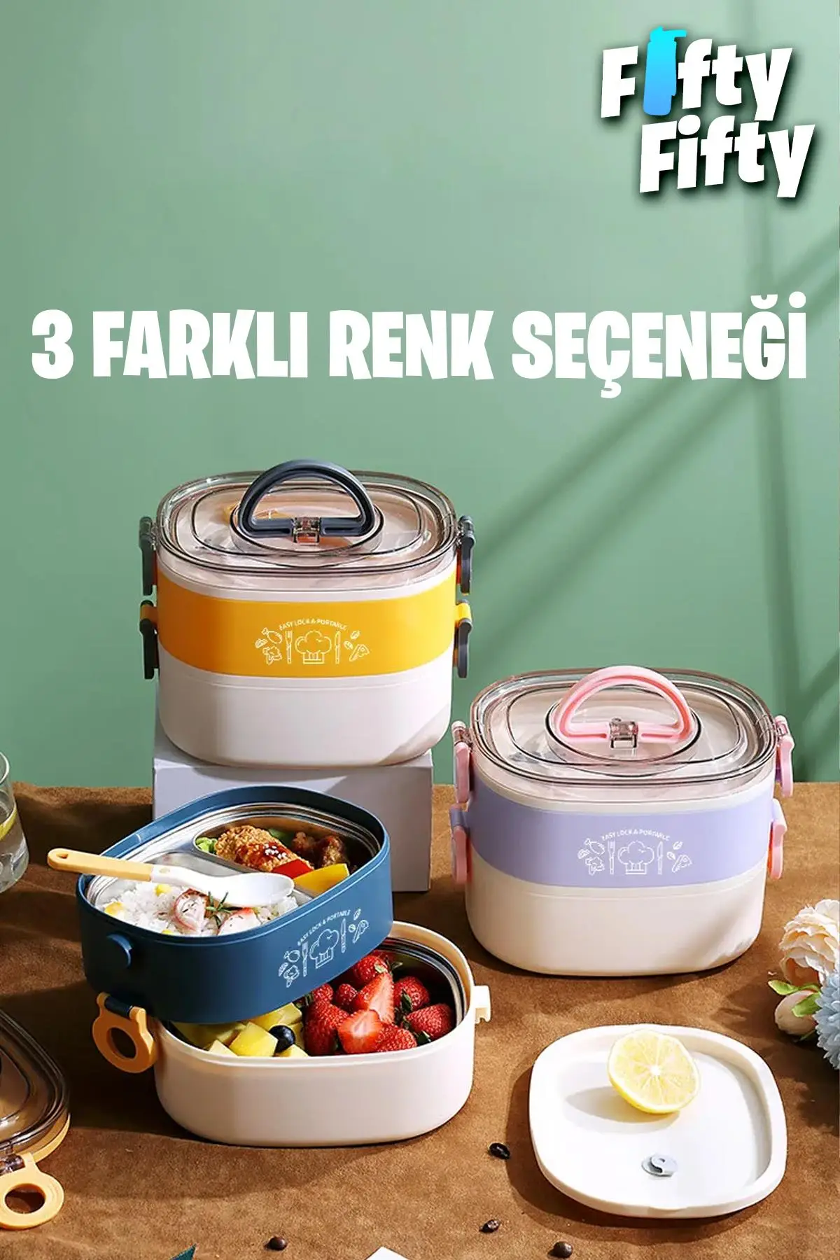 Vagonlife 1200 ML İki Kat Üç Bölme Paslanmaz Çelik Bento Lunch Box Yeni Nesil Sefer Tası-ÇatallıKaşık-FFLBOX50251