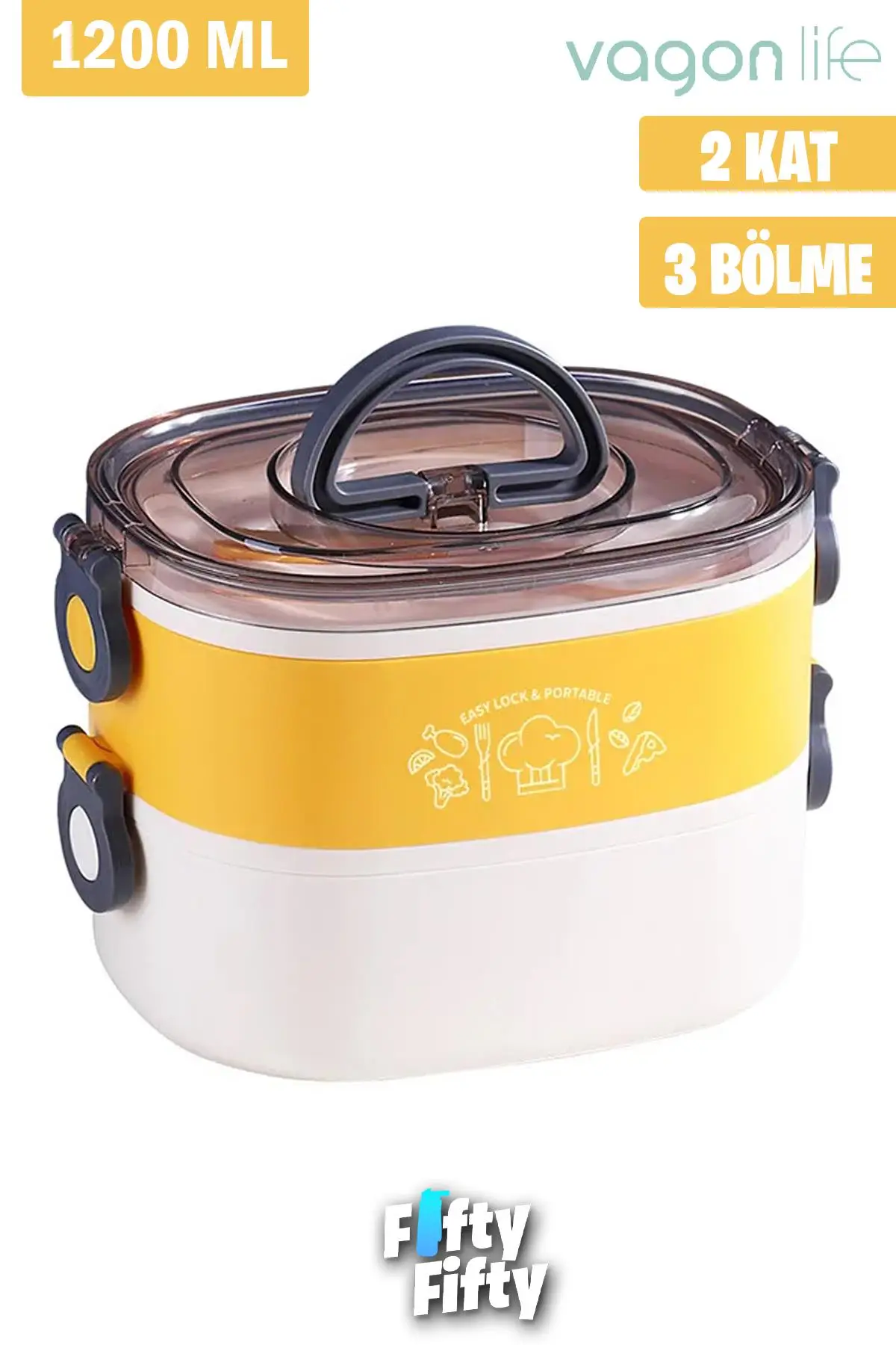 Vagonlife 1200 ML İki Kat Üç Bölme Paslanmaz Çelik Bento Lunch Box Yeni Nesil Sefer Tası-ÇatallıKaşık-FFLBOX50251 - Sarı