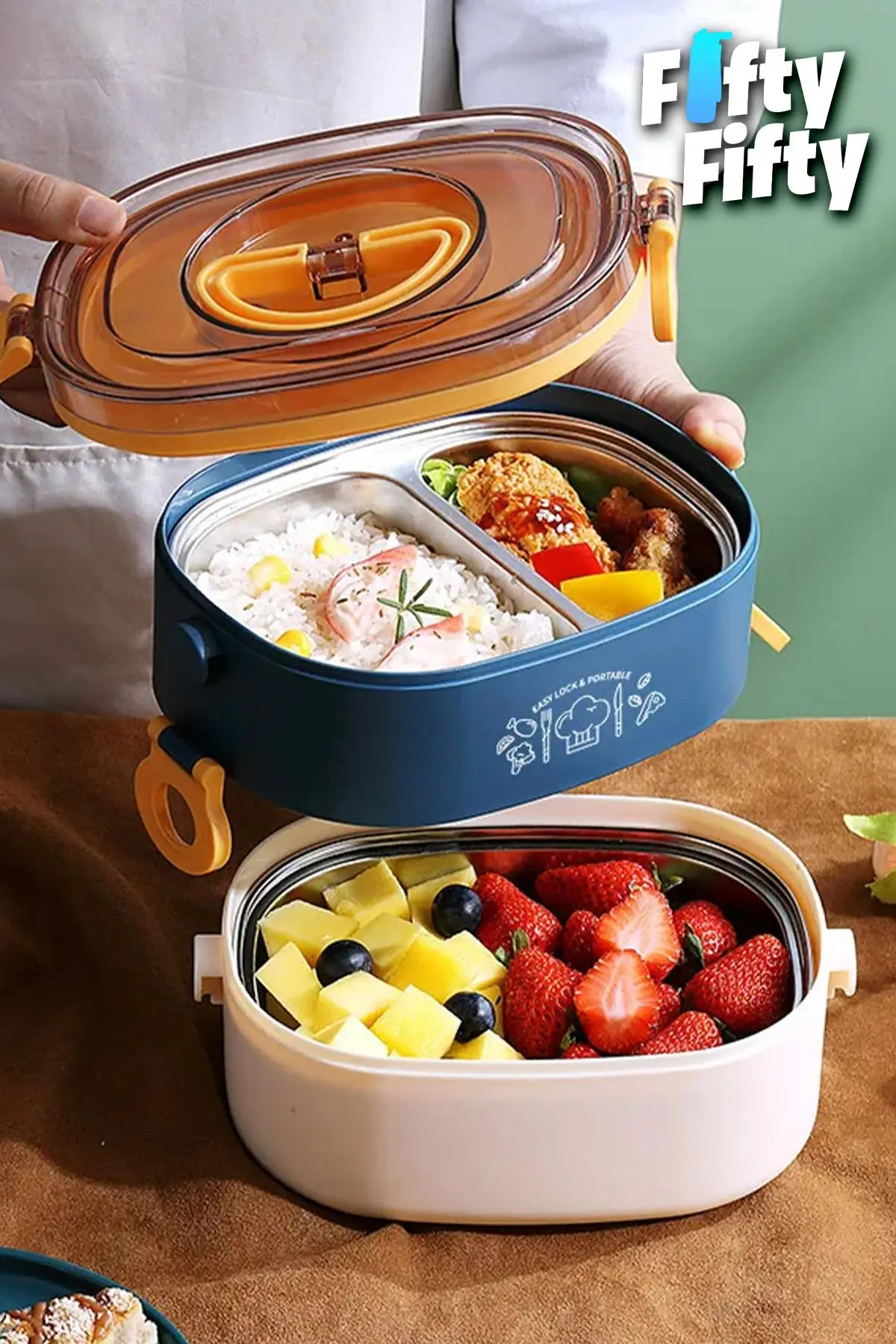 Vagonlife 1200 ML İki Kat Üç Bölme Paslanmaz Çelik Bento Lunch Box Yeni Nesil Sefer Tası-ÇatallıKaşık-FFLBOX50251