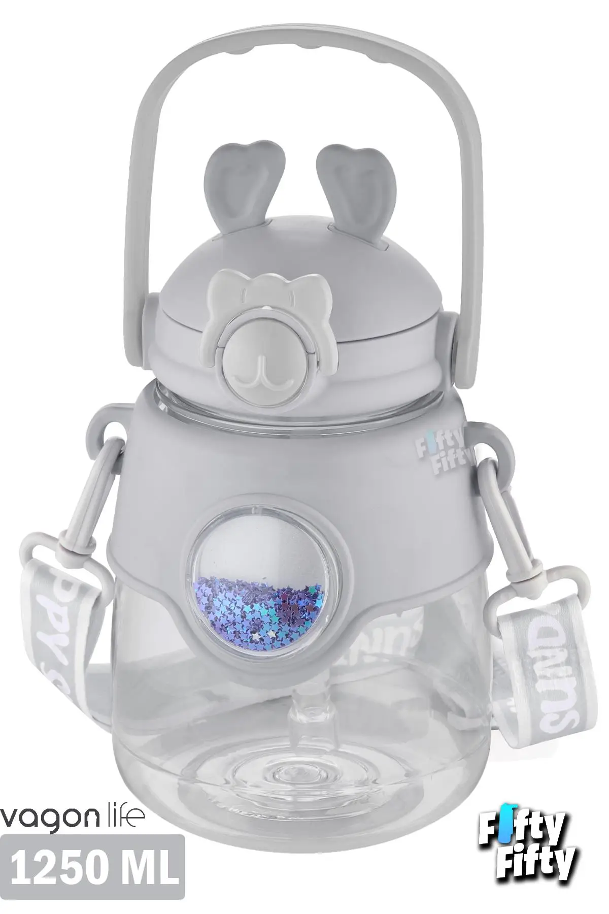 Vagonlife 1250 ML Pipetli Büyük Boy Askılı Ve Kulplu Su Matarası -Çıkartma Hediyeli-FFVGN6277-1250ML - Gri