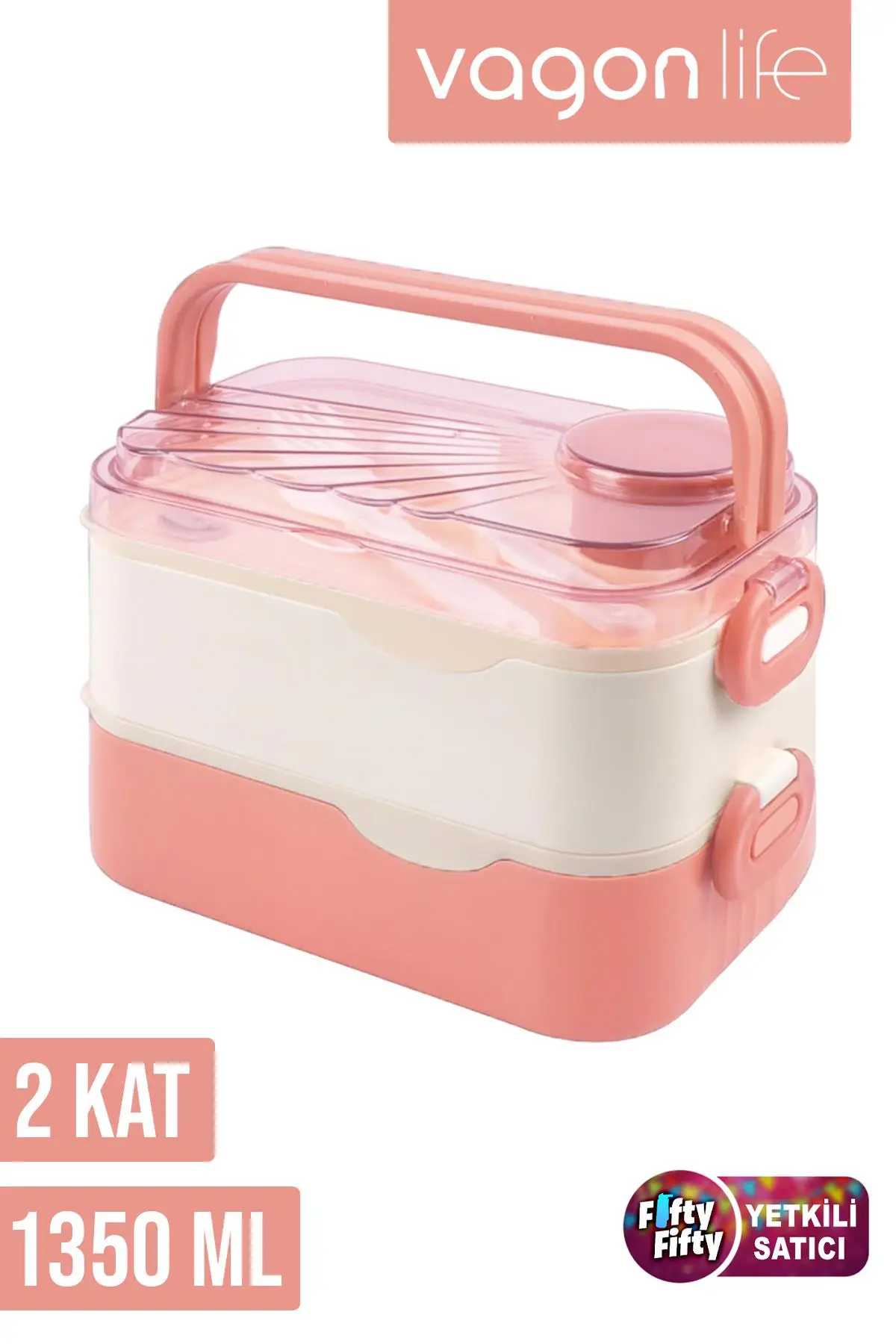 Vagonlife 1350 ML İki Kat Üç Bölme Paslanmaz Çelik Lunch Box Yeni Nesil Sefer Tası-Sos Kaseli Model-FFLBOX10110-2S - Pembe