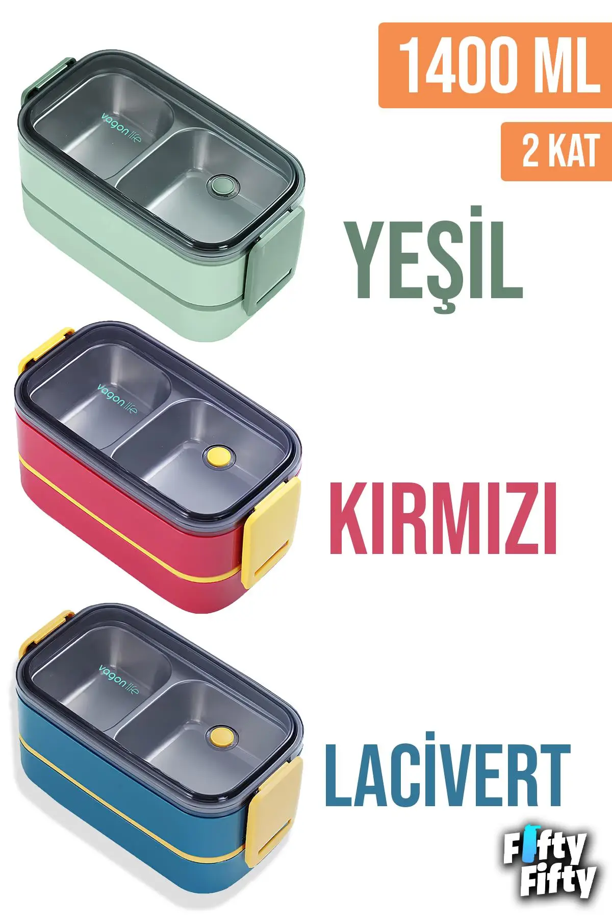Vagonlife 1400 ML İki Kat Üç Bölme Paslanmaz Çelik Bento Lunch Box Yeni Nesil Sefer Tası -Çatal/Kaşıklı Model-ffbl50002
