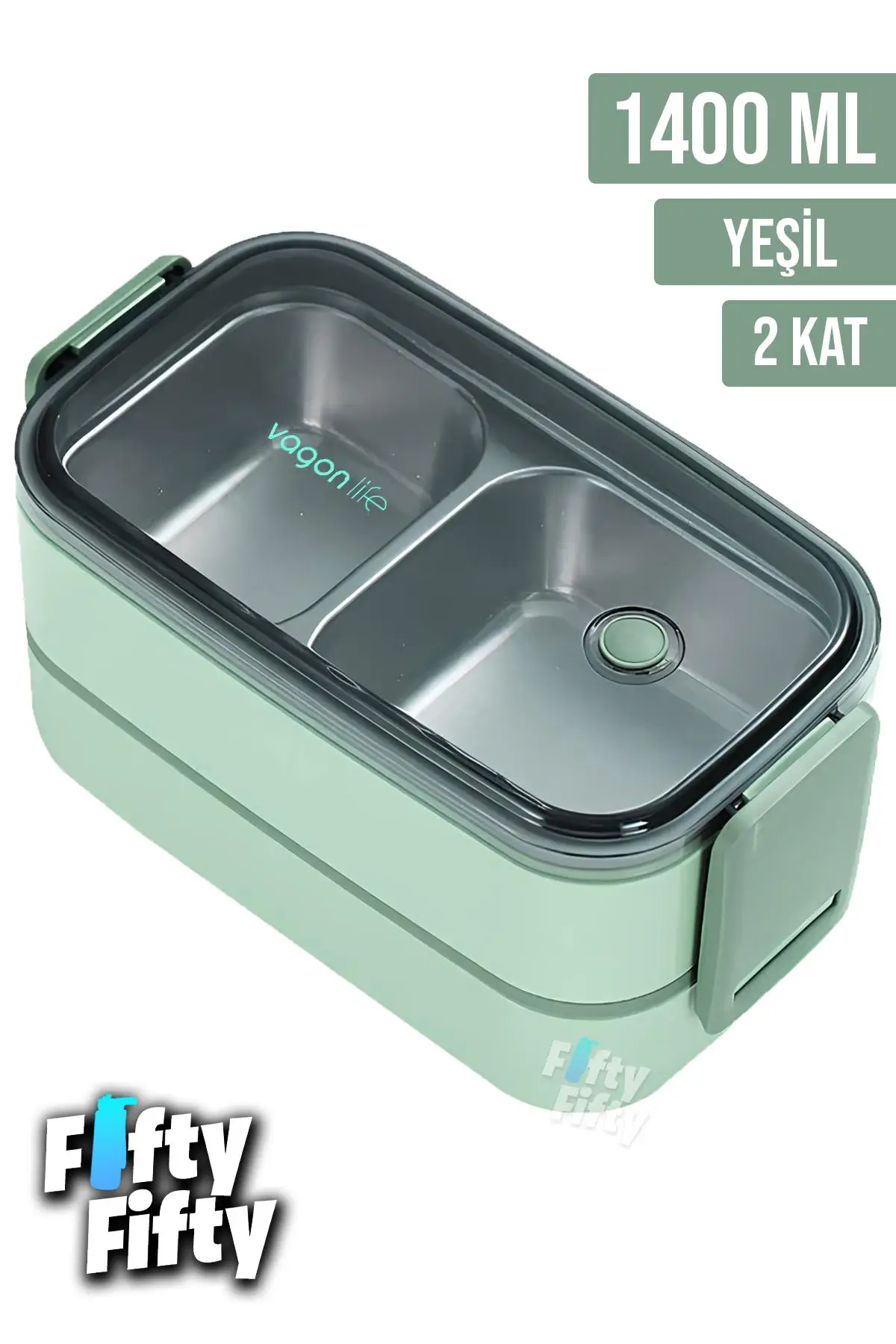 Vagonlife 1400 ML İki Kat Üç Bölme Paslanmaz Çelik Bento Lunch Box Yeni Nesil Sefer Tası -Çatal/Kaşıklı Model-ffbl50002