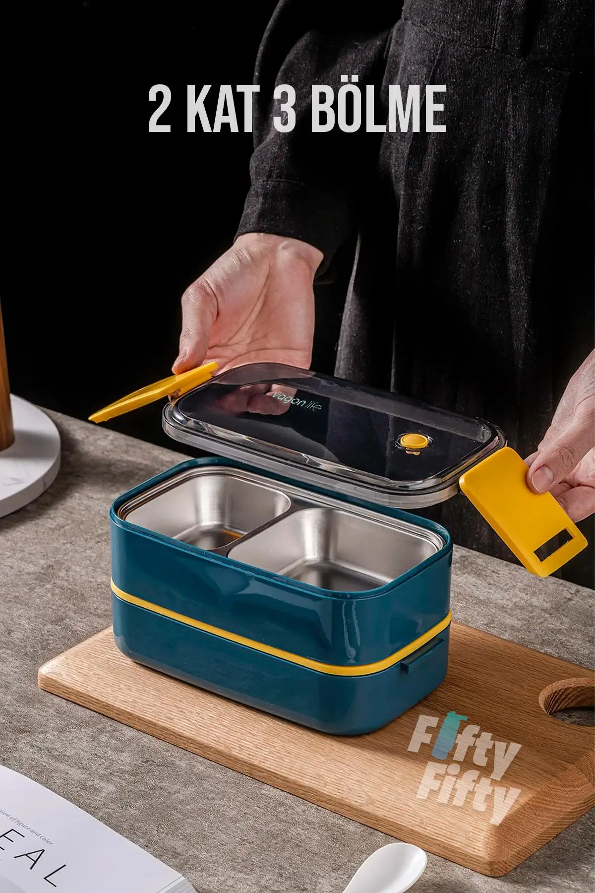 Vagonlife 1400 ML İki Kat Üç Bölme Paslanmaz Çelik Bento Lunch Box Yeni Nesil Sefer Tası -Çatal/Kaşıklı Model-ffbl50002
