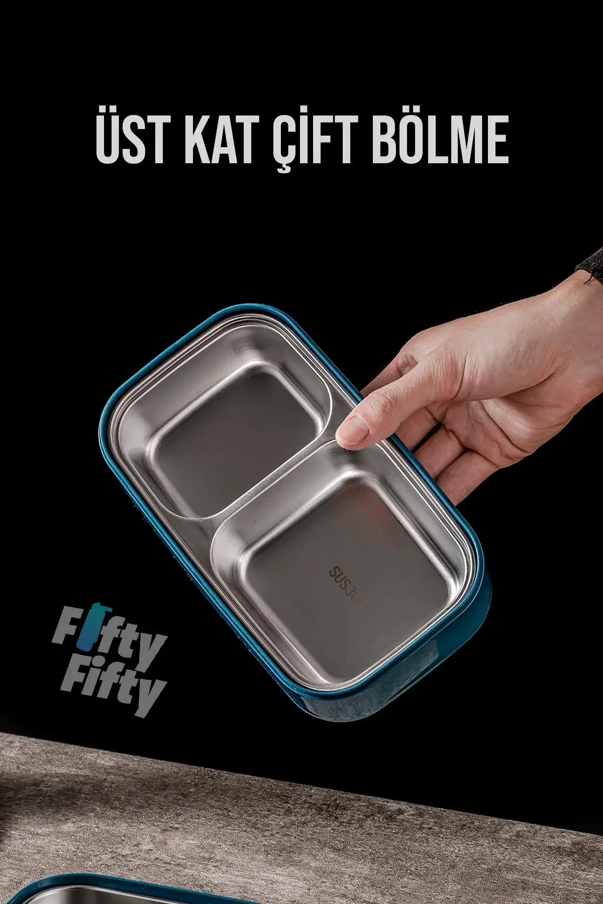 Vagonlife 1400 ML İki Kat Üç Bölme Paslanmaz Çelik Bento Lunch Box Yeni Nesil Sefer Tası -Çatal/Kaşıklı Model-ffbl50002