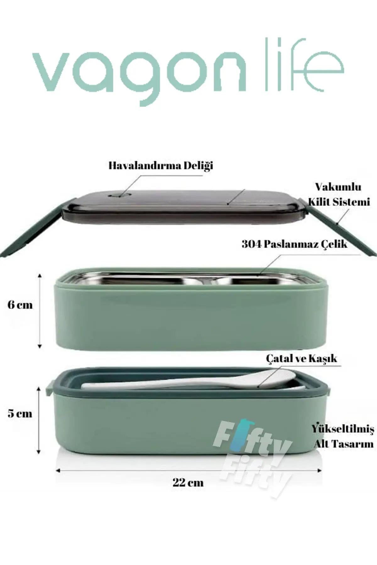 Vagonlife 1400 ML İki Kat Üç Bölme Paslanmaz Çelik Bento Lunch Box Yeni Nesil Sefer Tası -Çatal/Kaşıklı Model-ffbl50002