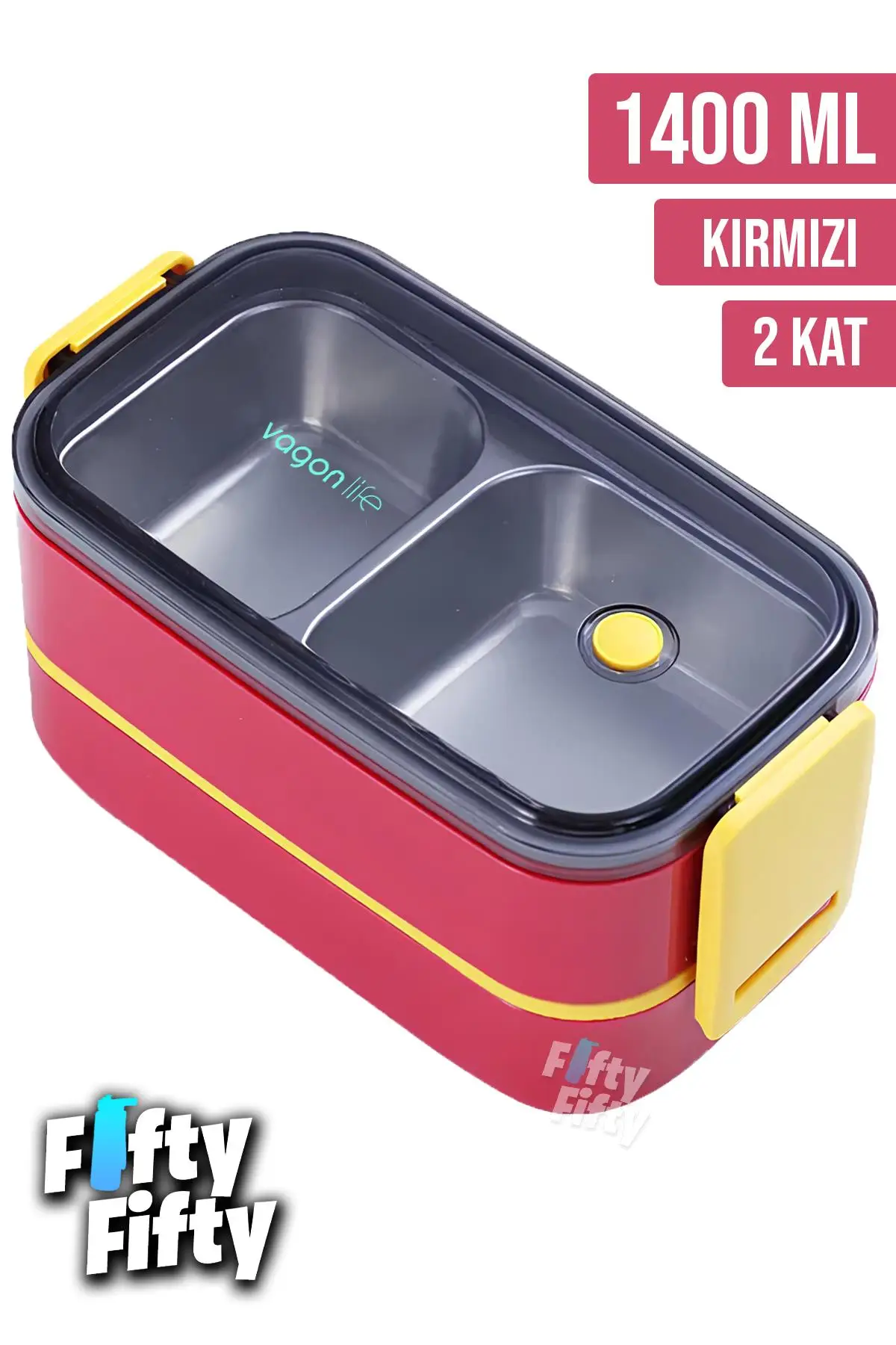 Vagonlife 1400 ML İki Kat Üç Bölme Paslanmaz Çelik Bento Lunch Box Yeni Nesil Sefer Tası -Çatal/Kaşıklı Model-ffbl50002