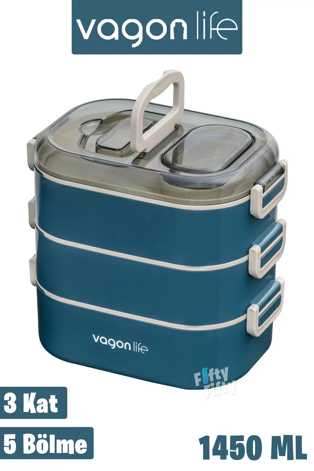 Vagonlife 1450 ML 3 Kat Çelik (2 Kat Kullanılabilir) Bento Lunch Box Yeni Nesil Sefer Tası-FFLBOX7083 - Lacivert
