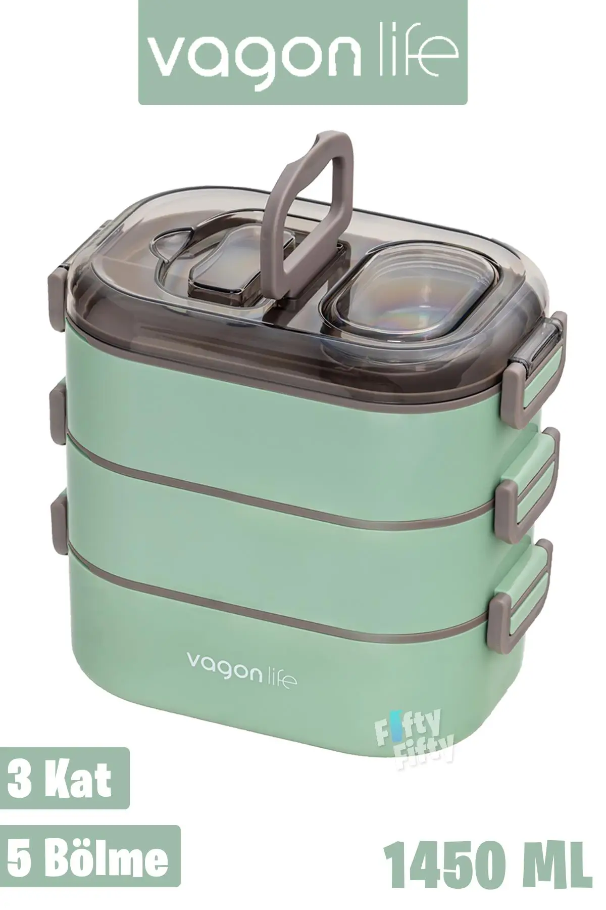 Vagonlife 1450 ML 3 Kat Çelik (2 Kat Kullanılabilir) Bento Lunch Box Yeni Nesil Sefer Tası-FFLBOX7083 - Yeşil
