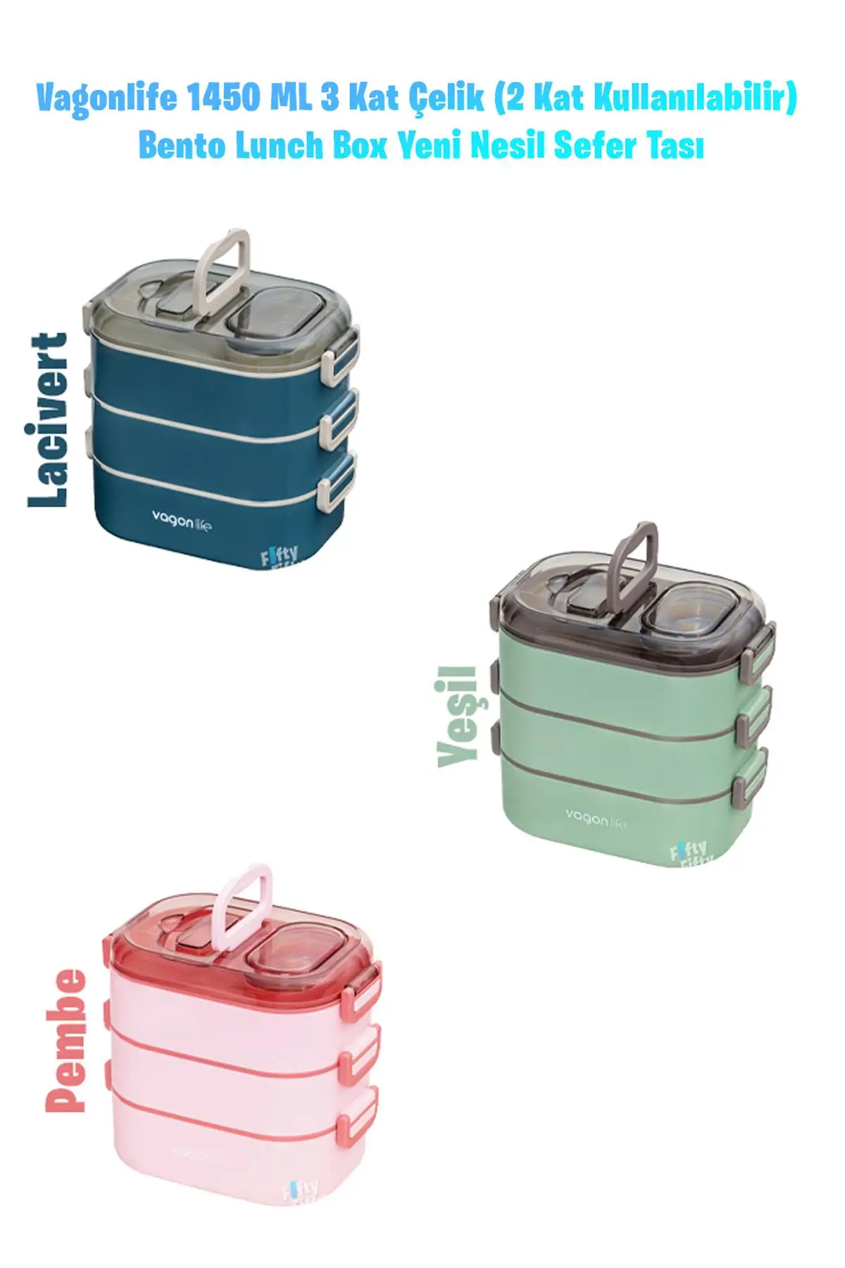 Vagonlife 1450 ML 3 Kat Çelik (2 Kat Kullanılabilir) Bento Lunch Box Yeni Nesil Sefer Tası-FFLBOX7083