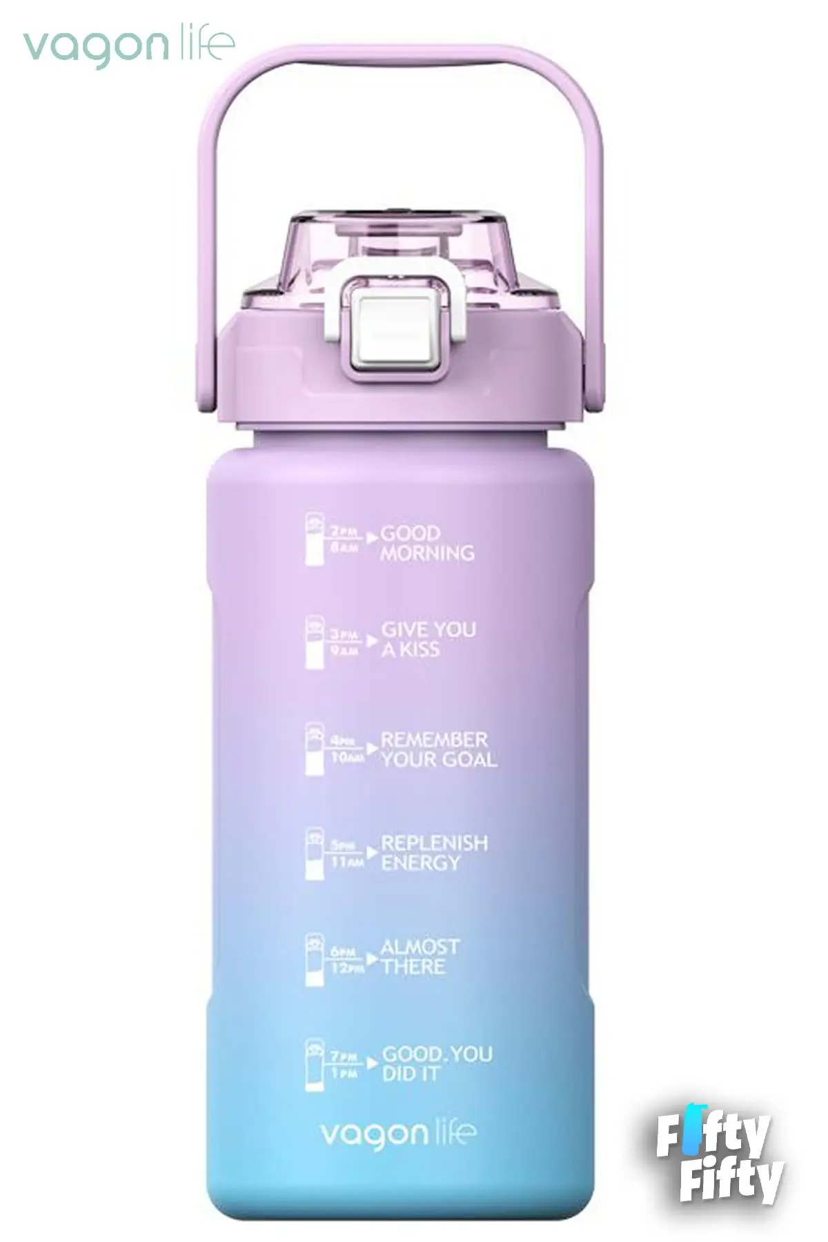 Vagonlife 1500ml -Yenilenen Renkler- Pipetli/Pipetsiz Kullanım Çift Renk SoftTouch Motivasyon Matarası Çıkartma Hediyeli - Mor-Turkuaz