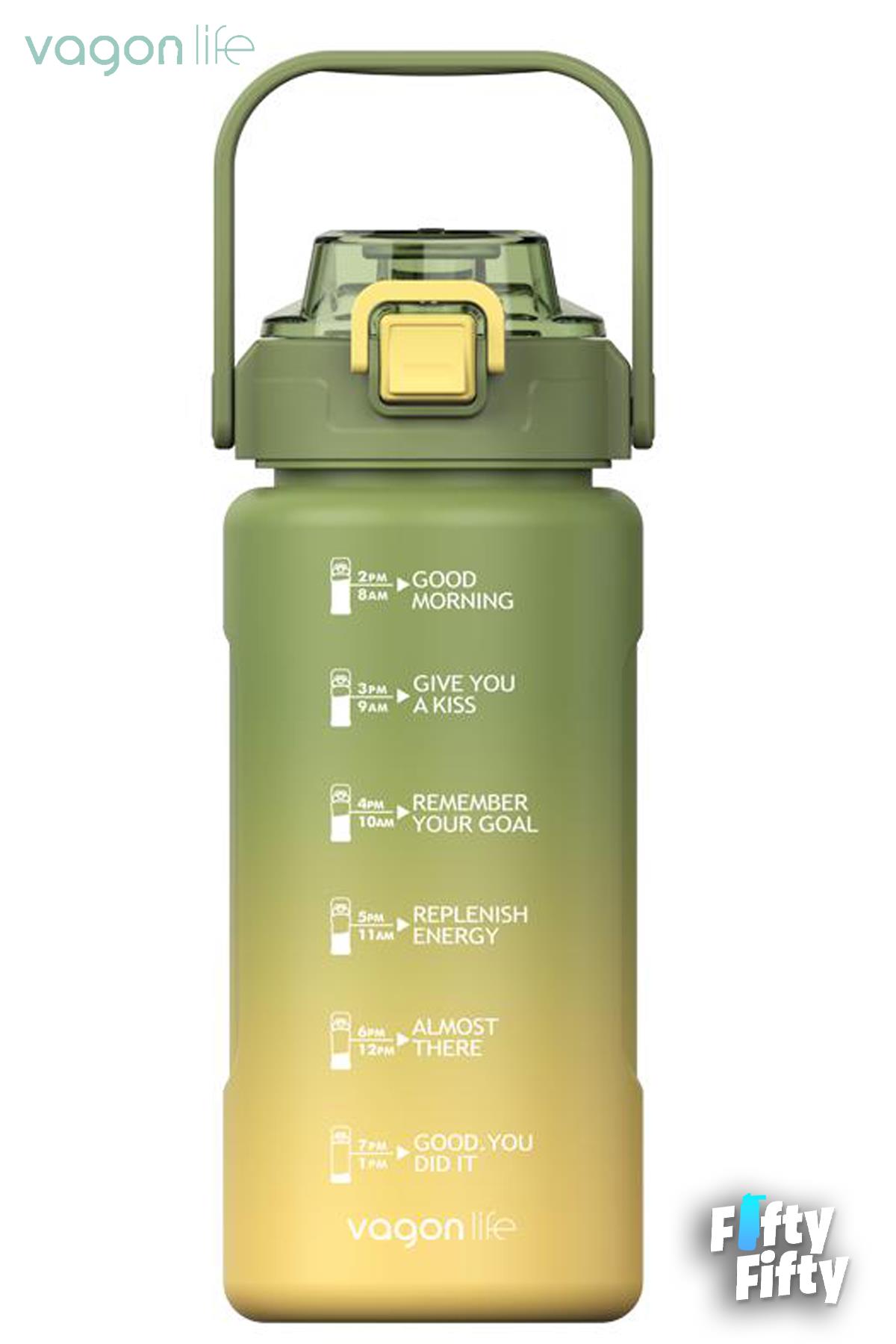Vagonlife 1500ml -Yenilenen Renkler- Pipetli/Pipetsiz Kullanım Çift Renk SoftTouch Motivasyon Matarası Çıkartma Hediyeli - Yeşil-Sarı