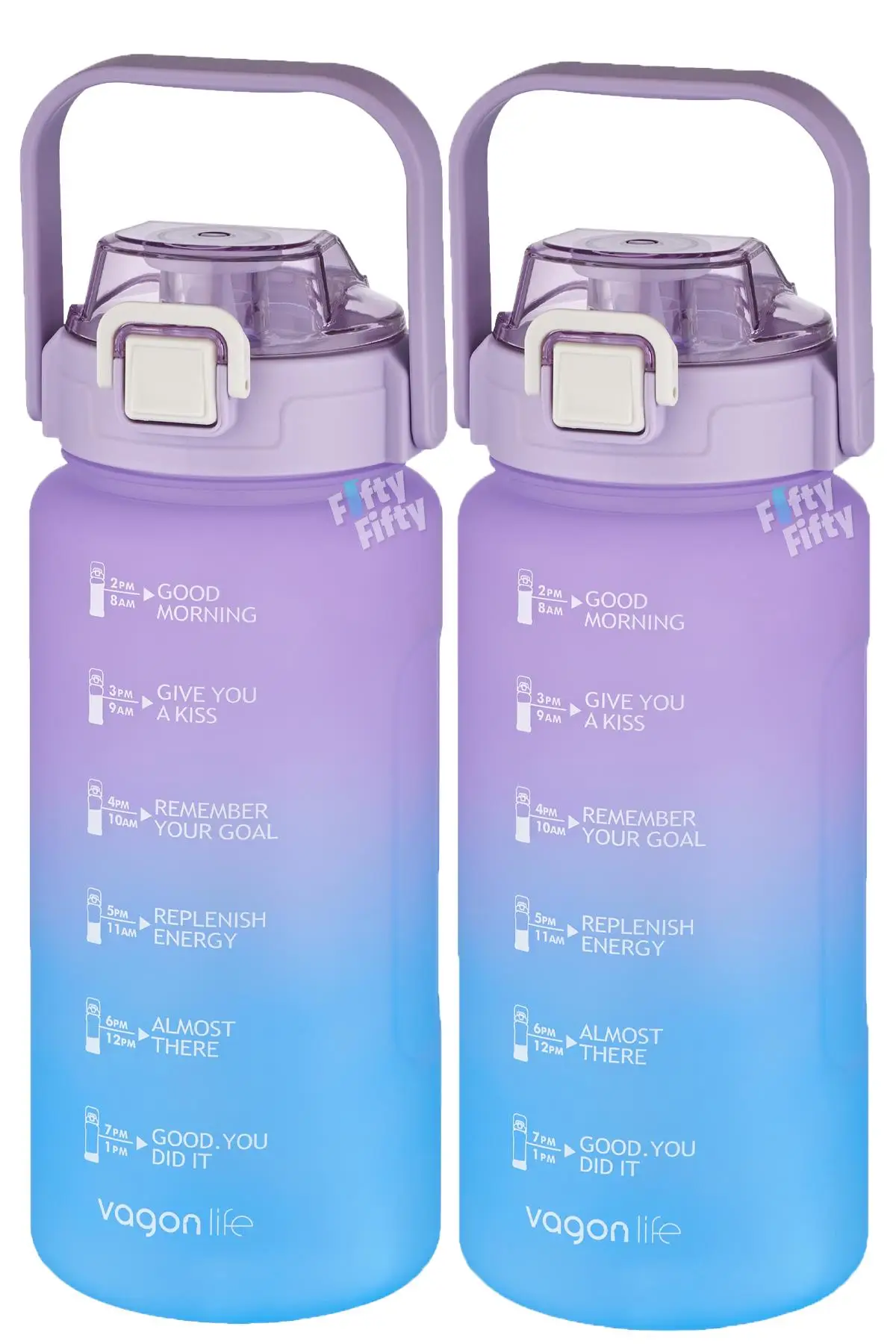 Vagonlife 2'li Ekonomik Motivasyon Matara Seti 1500 ml Büyük Boy 4 Farklı Renk Seçeneği FiftyFifty - MorTurkuaz-MorTurkuaz