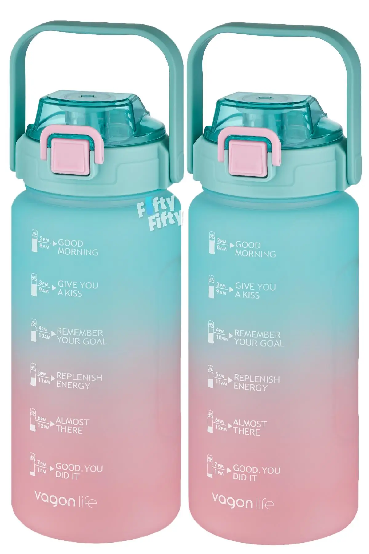 Vagonlife 2'li Ekonomik Motivasyon Matara Seti 1500 ml Büyük Boy 4 Farklı Renk Seçeneği FiftyFifty - YeşilPembe-YeşilPembe