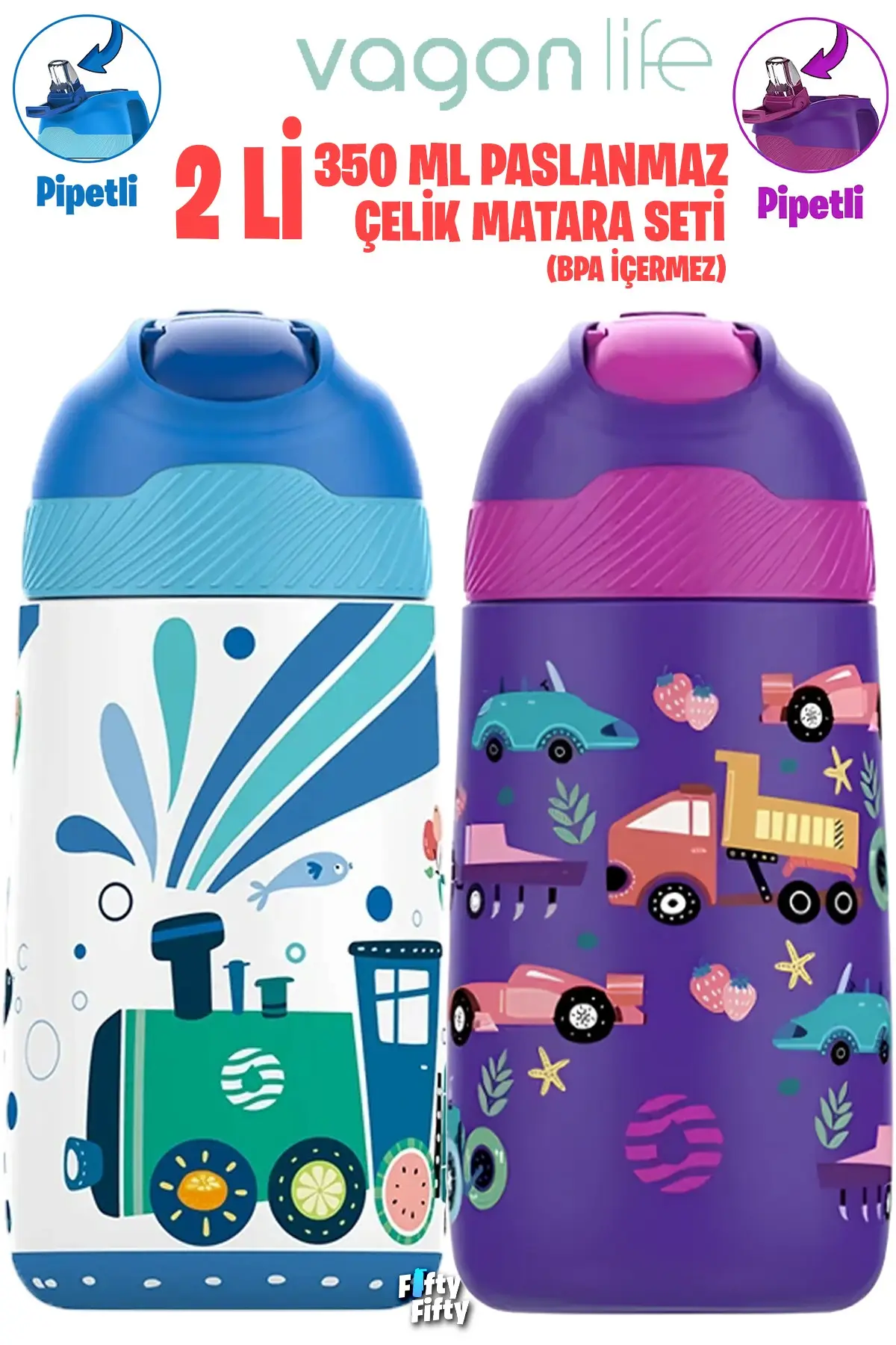 Vagonlife 2'Lİ SET 350 ML Çocuk Pipetli Çelik Matara Paslanmaz Çelik Termos 5 Farklı Renk 2055-350ML