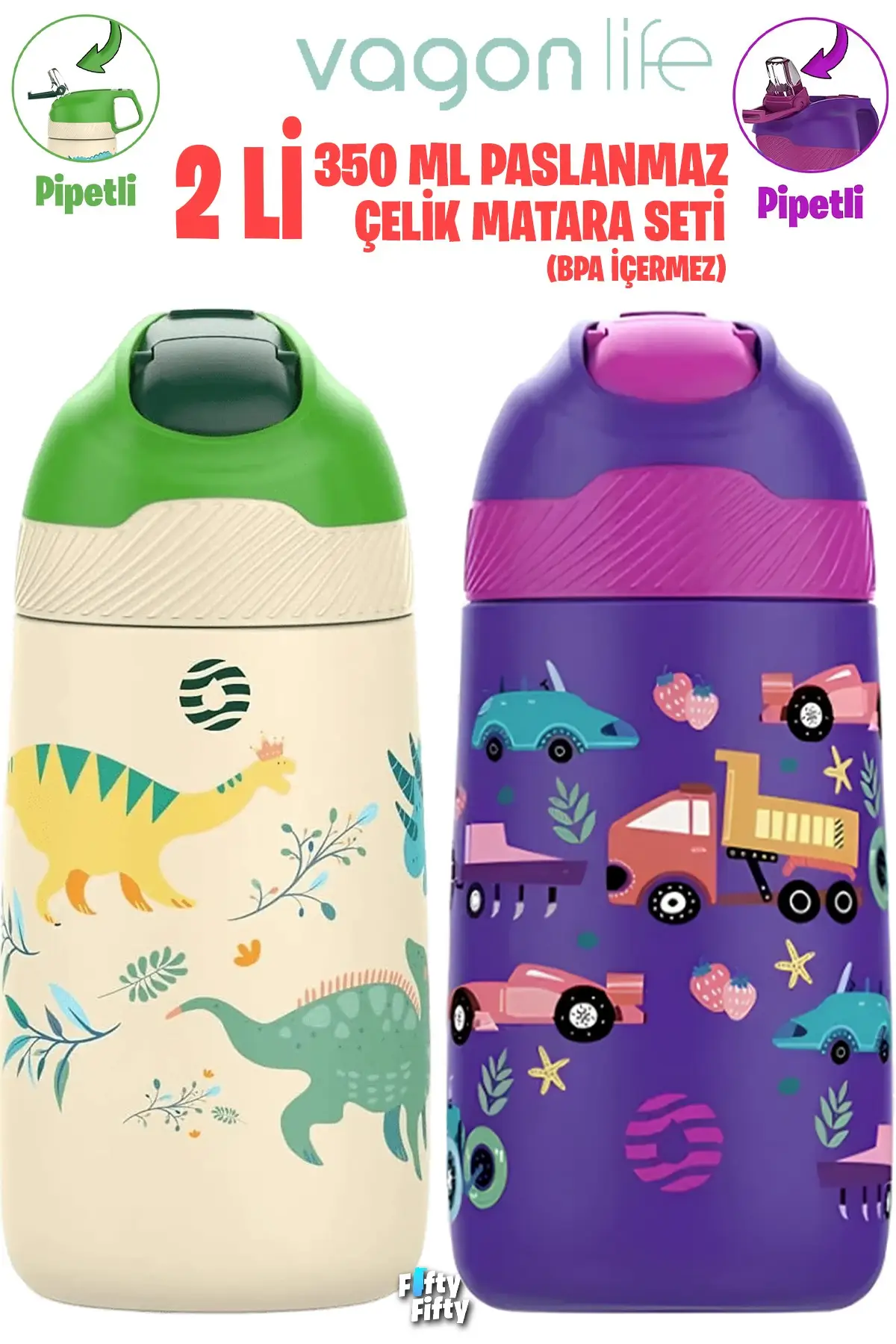 Vagonlife 2'Lİ SET 350 ML Çocuk Pipetli Çelik Matara Paslanmaz Çelik Termos 5 Farklı Renk 2055-350ML