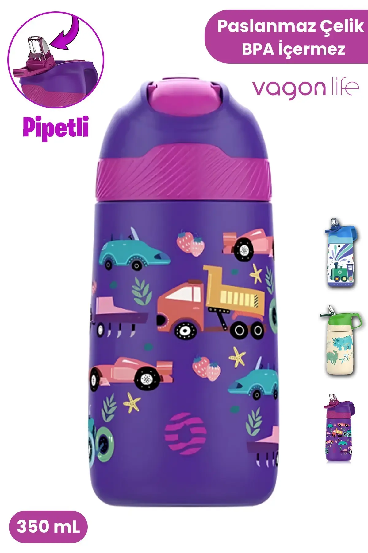 Vagonlife 2'Lİ SET 350 ML Çocuk Pipetli Çelik Matara Paslanmaz Çelik Termos 5 Farklı Renk 2055-350ML