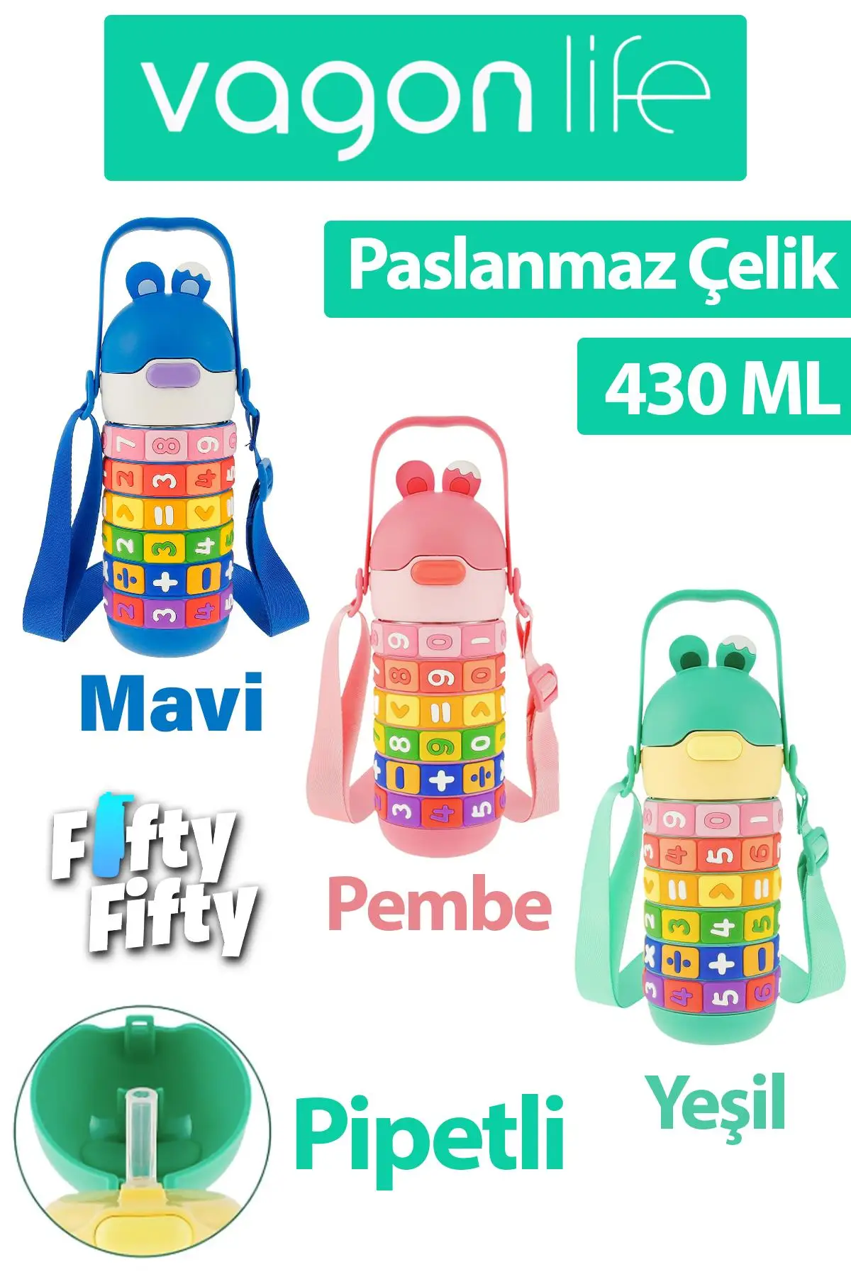 Vagonlife 430 ML Pipetli Çelik Termos Askılı Matematiği Sevdiren Su Matarası -FFVGN30031-430ML