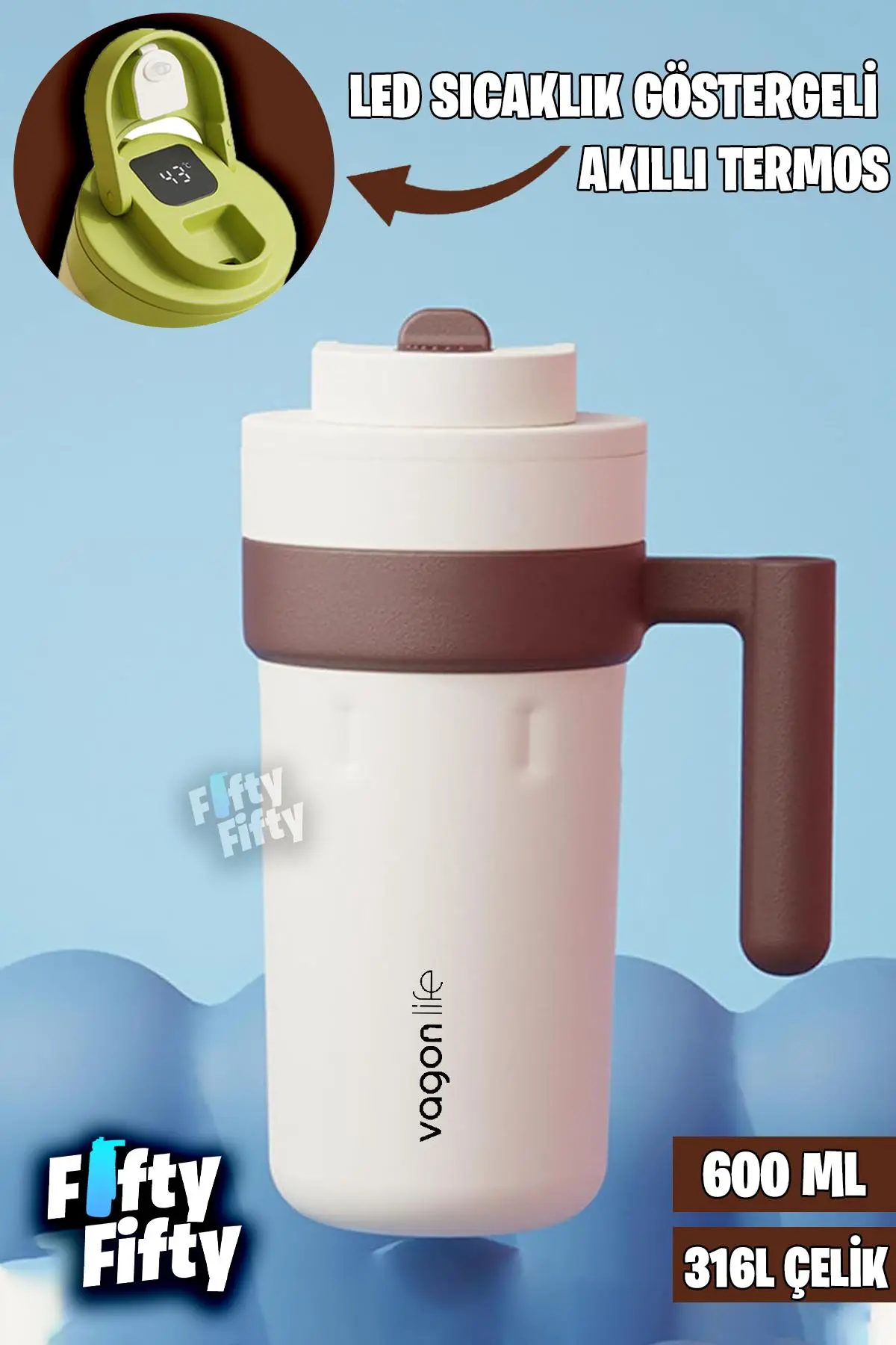 Vagonlife 600 ML LED Sıcaklık Göstergeli Akıllı Çelik Termos Kulplu -Kahve Bardağı-Mug-FFVGN2009 - Beyaz