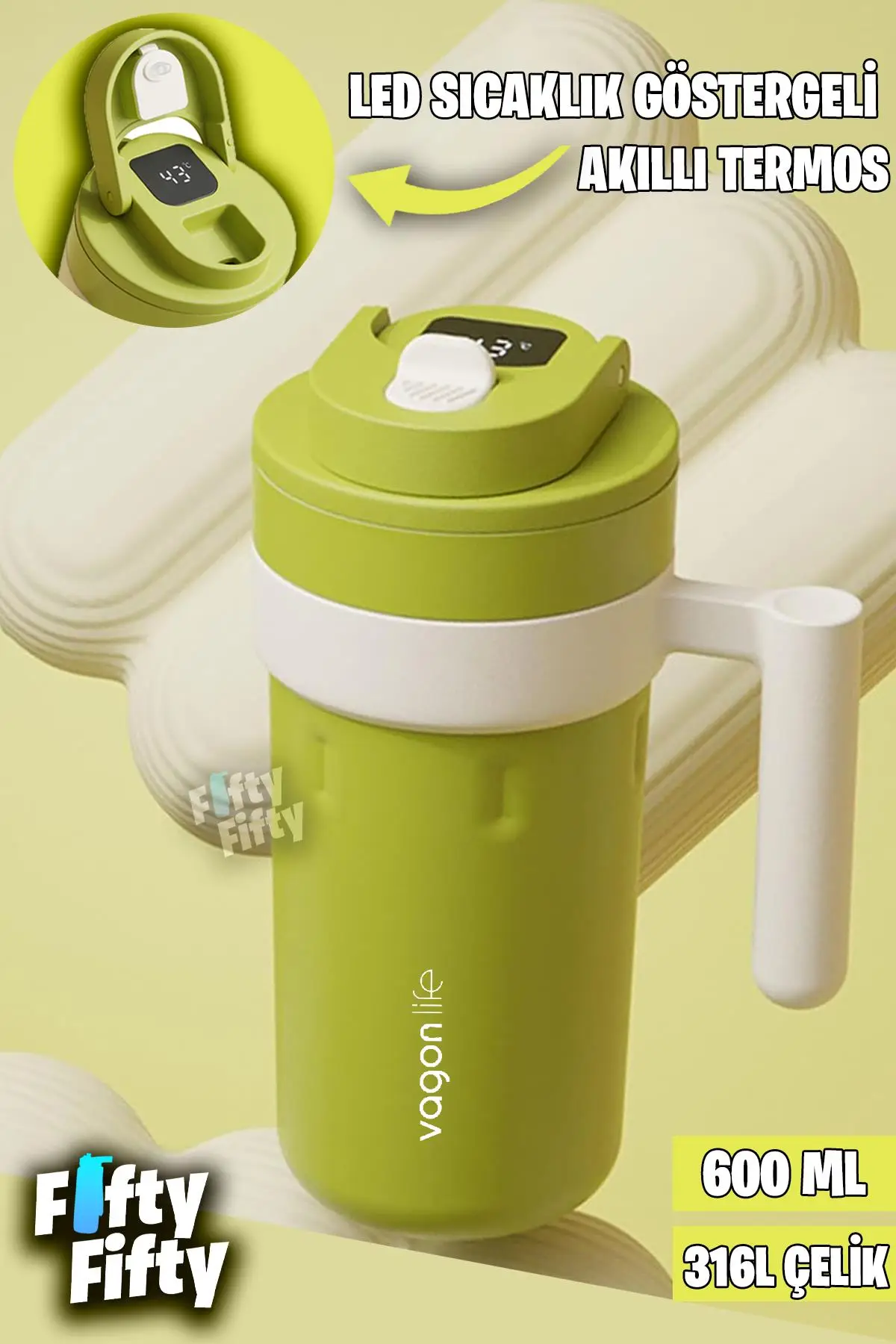 Vagonlife 600 ML LED Sıcaklık Göstergeli Akıllı Çelik Termos Kulplu -Kahve Bardağı-Mug-FFVGN2009 - Yeşil