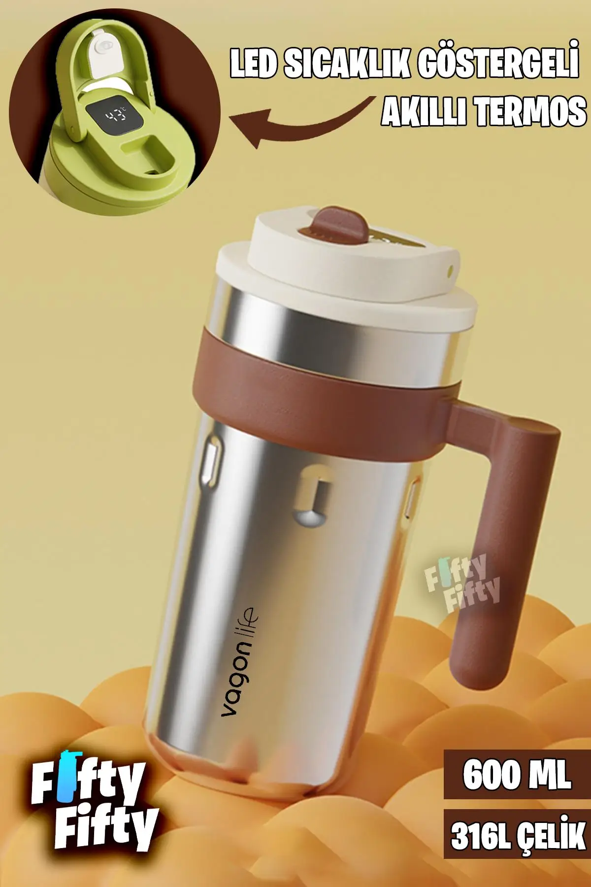 Vagonlife 600 ML LED Sıcaklık Göstergeli Akıllı Çelik Termos Kulplu -Kahve Bardağı-Mug-FFVGN2009 - Çelik