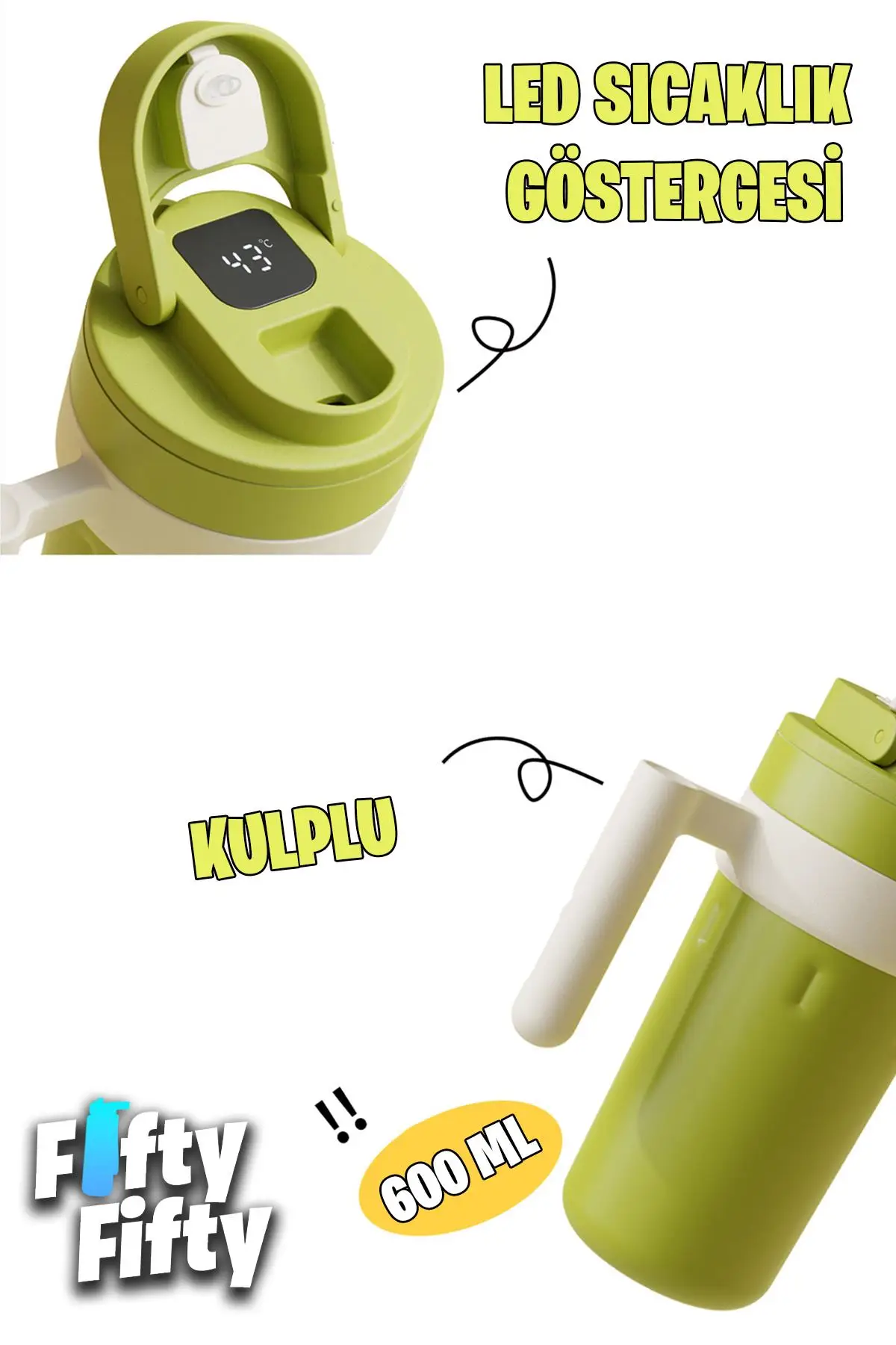 Vagonlife 600 ML LED Sıcaklık Göstergeli Akıllı Çelik Termos Kulplu -Kahve Bardağı-Mug-FFVGN2009